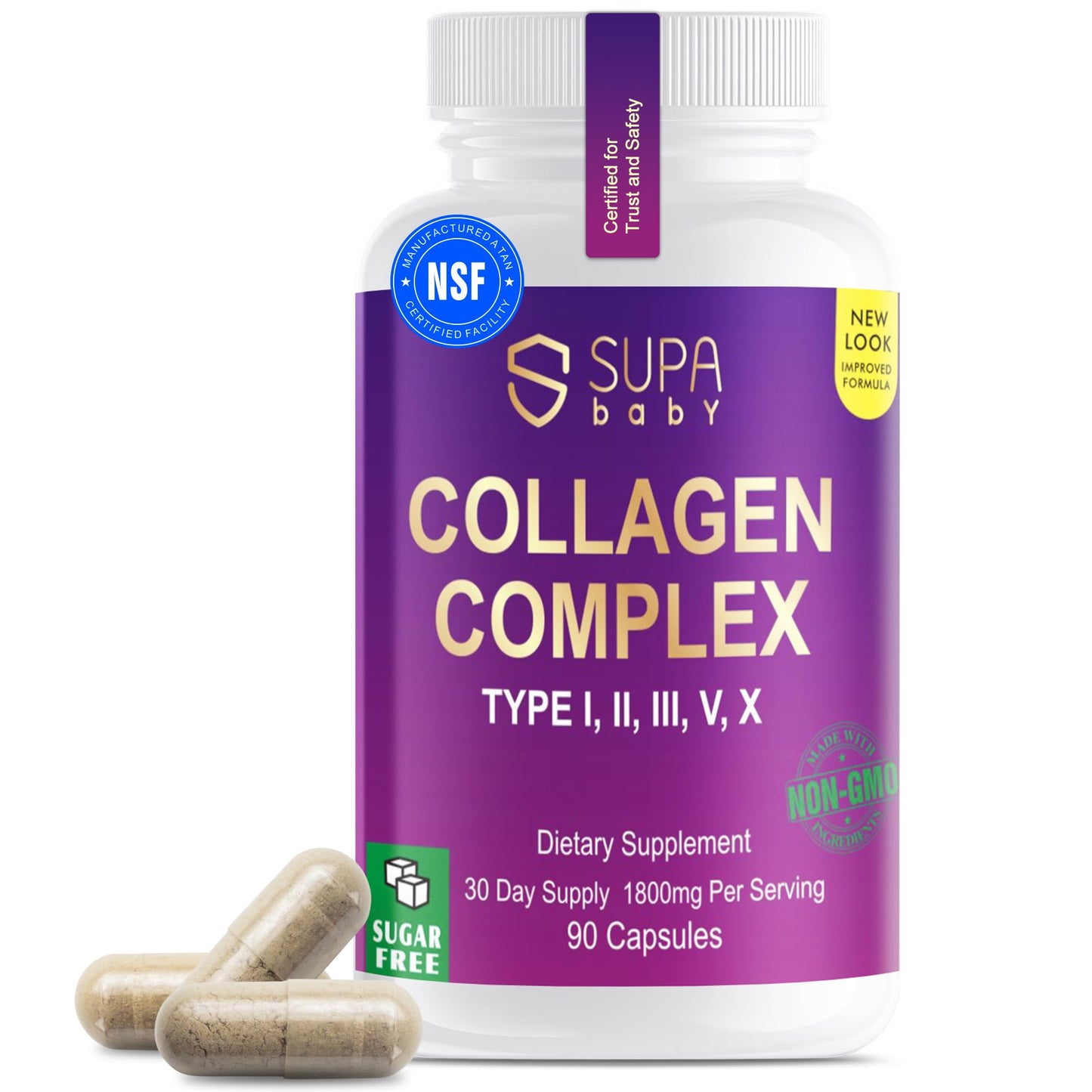 SUPABABY Premium Collagen Complex for Women - 1800mg Multi-Collagen Types I, II, III, V, X, Non-GMO & Sugar Free, 90 Capsules
