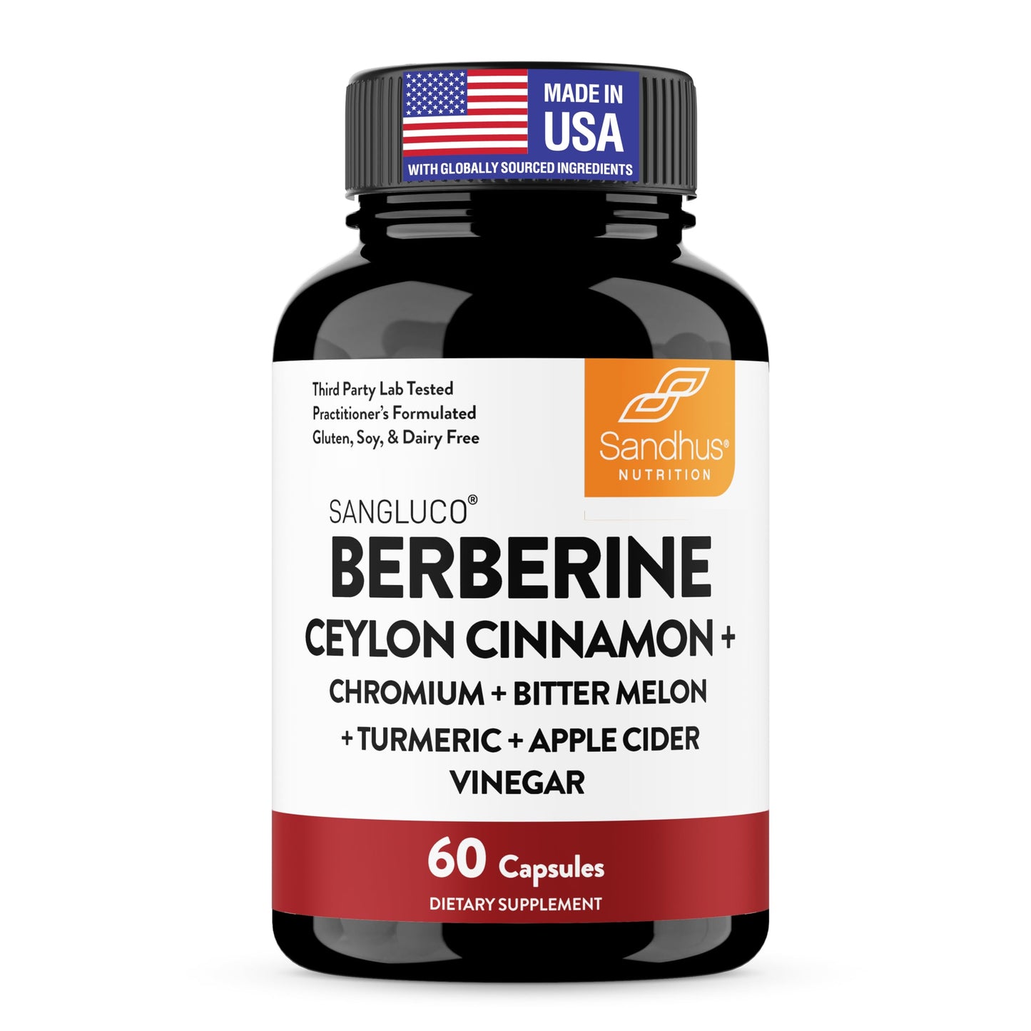 Sandhu's Sangluco Berberine Ceylon Cinnamon Chromium Turmeric Apple Cider Vinegar Bitter Melon Supplement Capsules 60