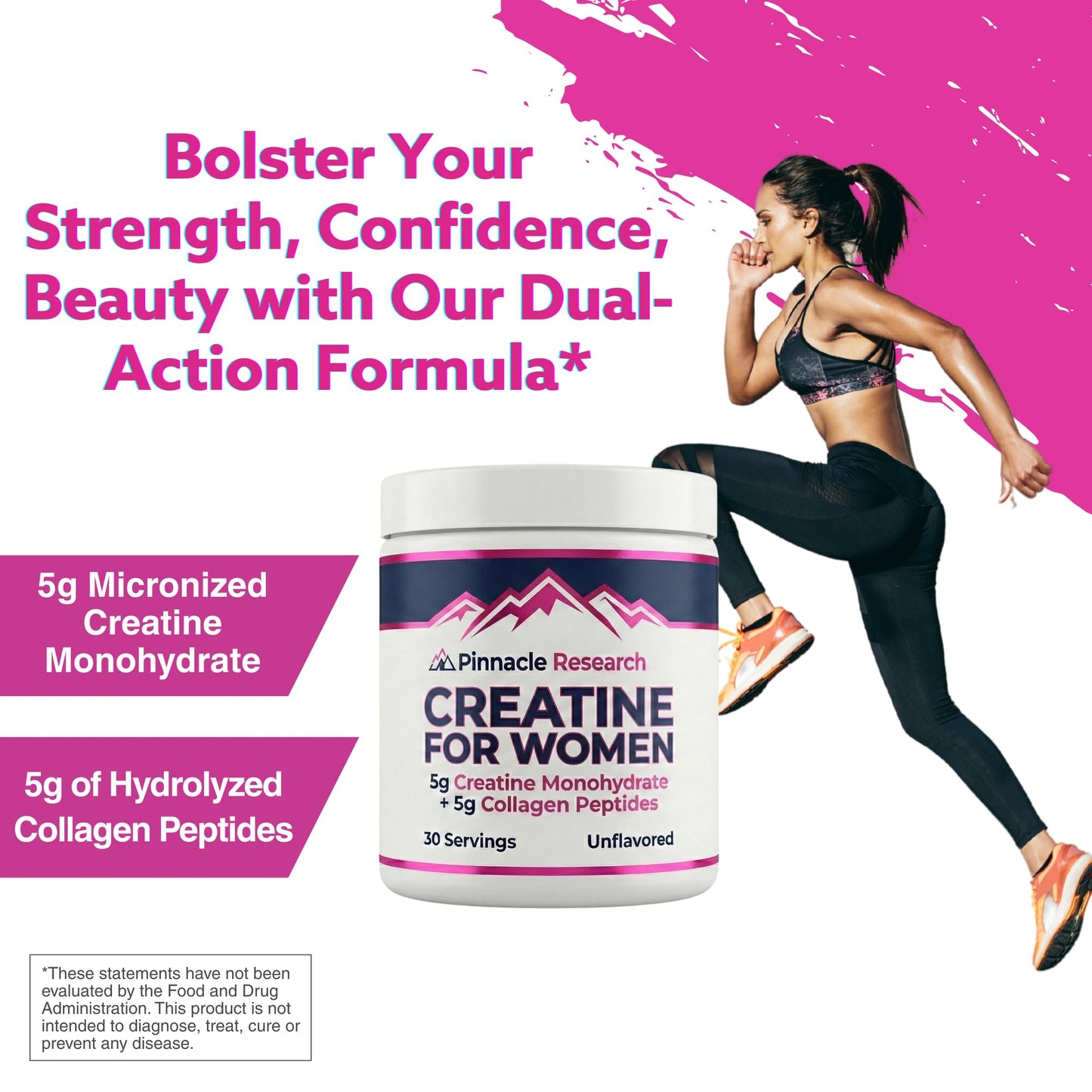 Pinnacle Research Creatine for Women + Collagen 5g Each - Mixed Berry Powder 13.7