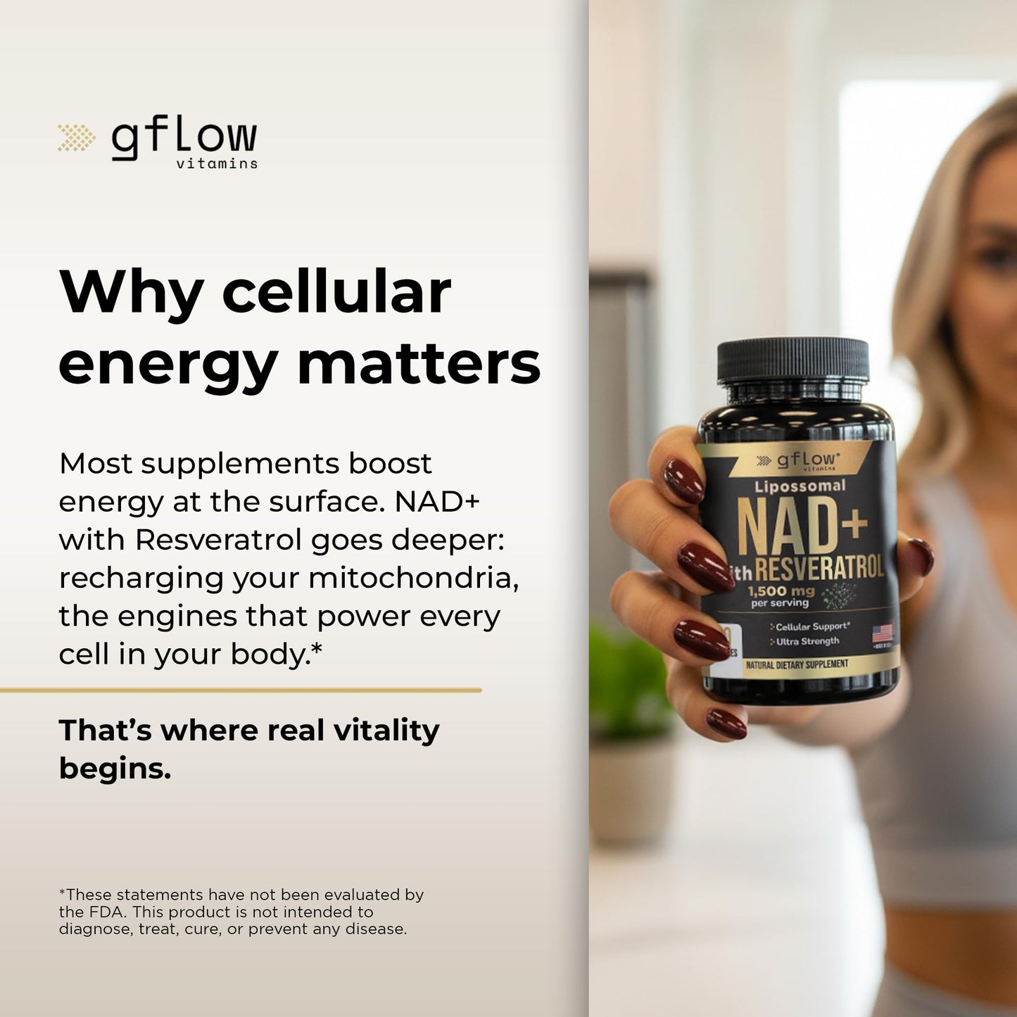 gflow vitamins NAD+ Supplement with Resveratrol Capsules, 90 Count