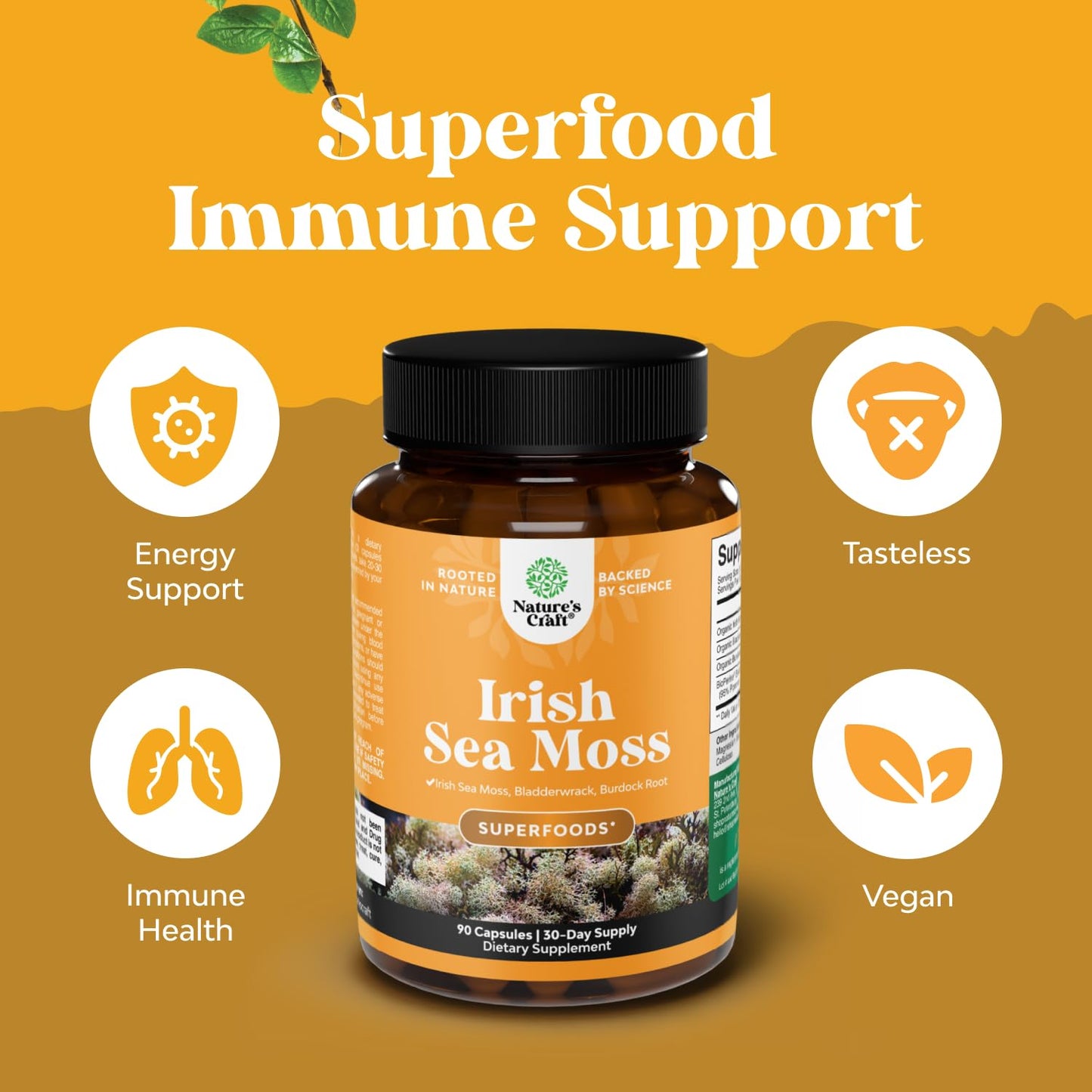 Natures Craft Irish Sea Moss Capsules with Bladderwrack & Burdock, 90 Count