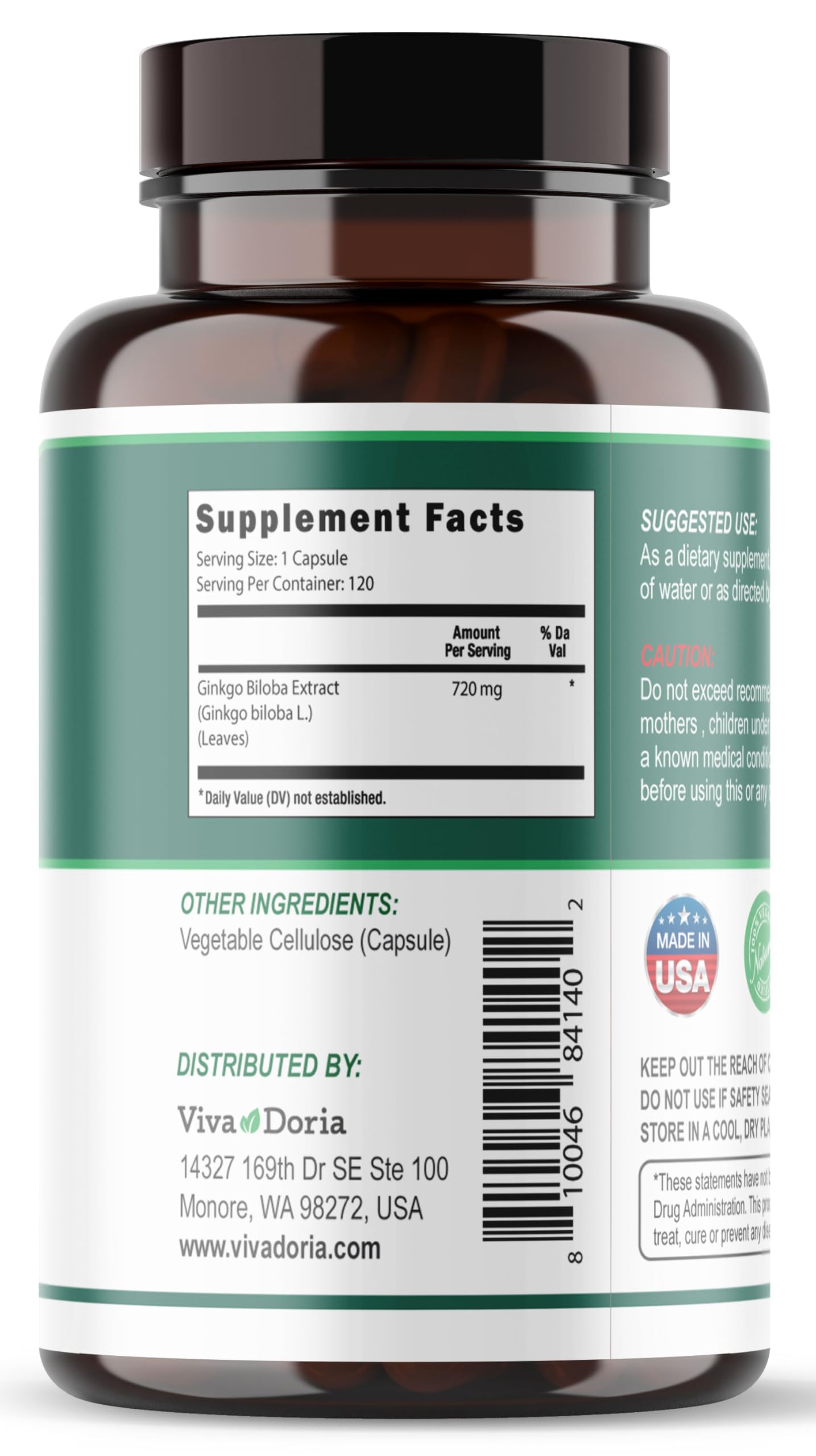 Viva Doria Ginkgo Biloba 720mg, Supports Brain Function & Memory Support Vegetable Capsules 120 Count