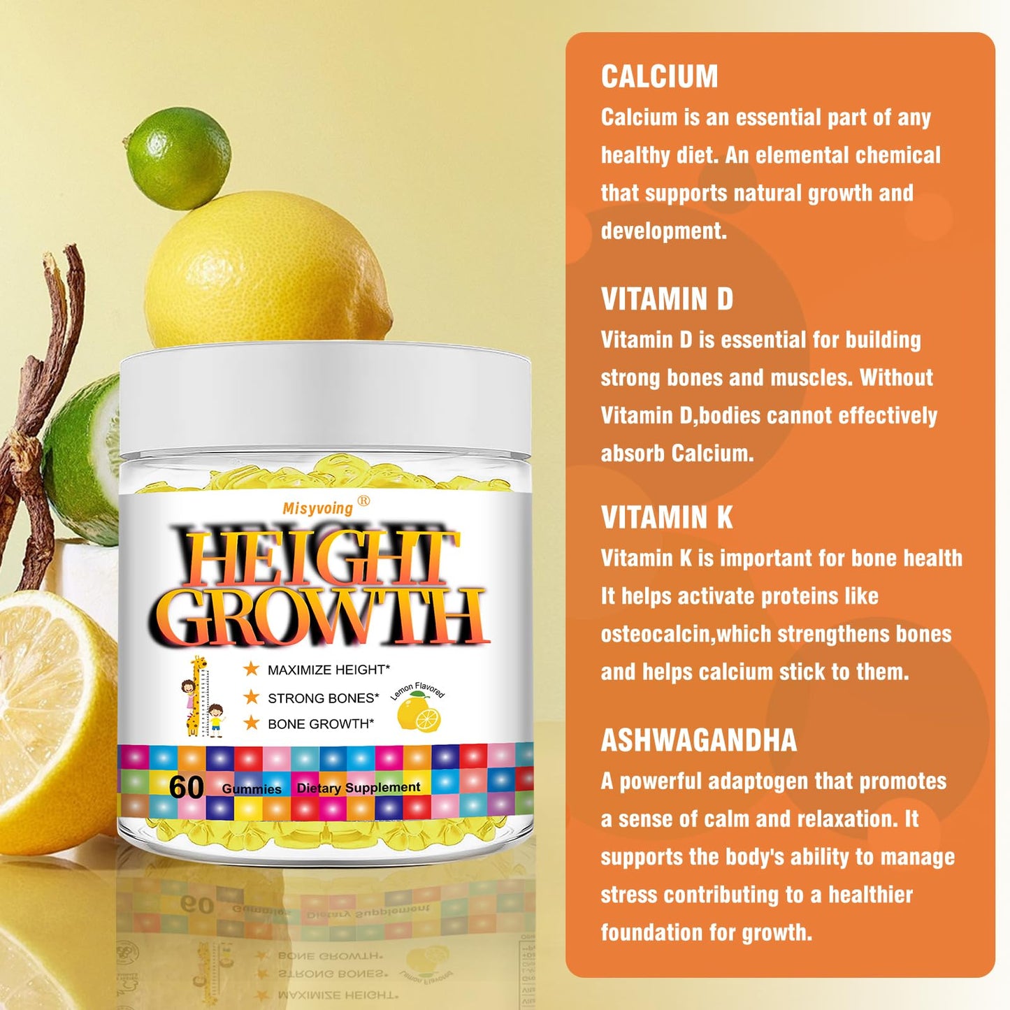 Misyvoing Height Growth Gummies for Kids & Teens Vitamins with Calcium, Magnesium, Zinc, Vitamin D3 K2, Ashwagandha, 60 Count