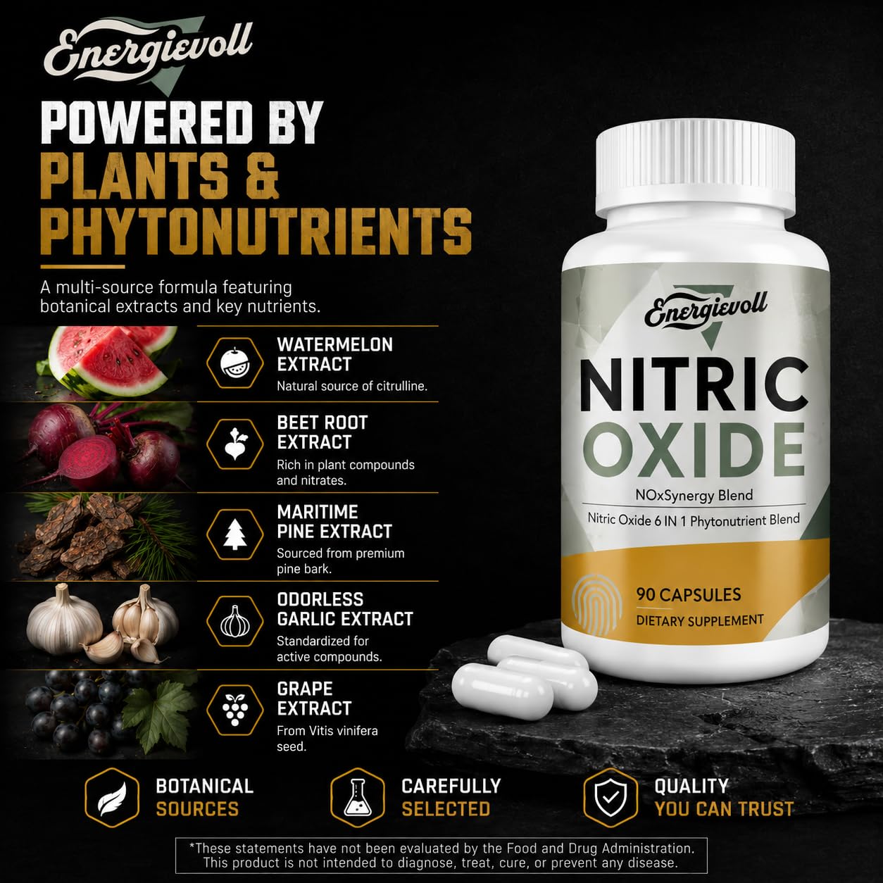 Energievoll Nitric Oxide Supplement for Men - Beet Root & Botanical Phytonutrient Blend with GPLC - for Blood Flow, Oxygenation, and Blood Pressure, Energy, 90 Capsules