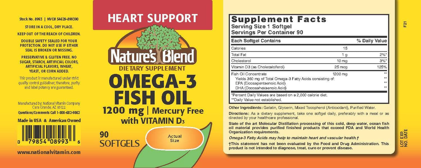 Nature's Blend Omega-3 Fish Oil 1200 mg and Vitamin D3 1000 IU Softgels, 90-count