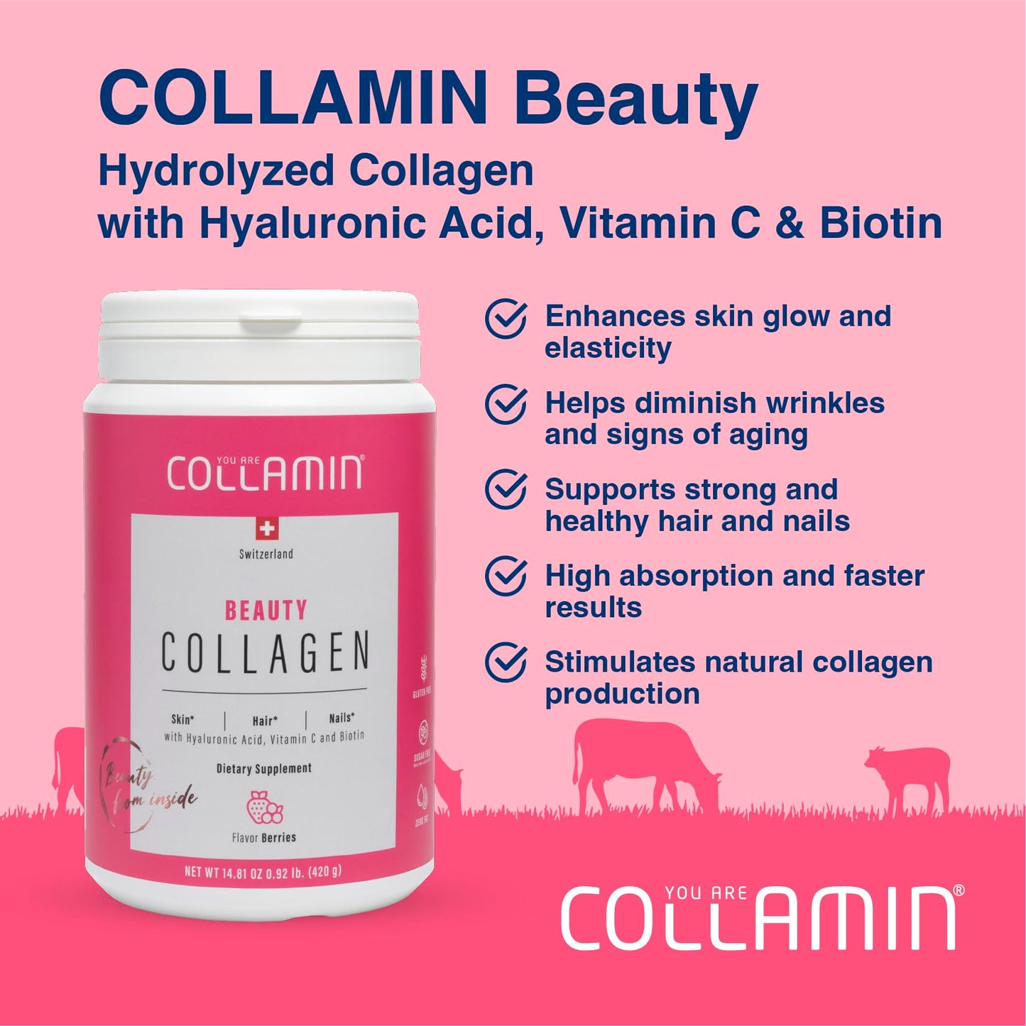 Collamin Hydrolyzed Collagen Peptides Powder from Grass-Fed Swiss Bovine with Hyaluronic Acid, Vitamin C & Biotin – Skin, Hair, Nails, Joints & Immunity Support, 14.81 Ounce