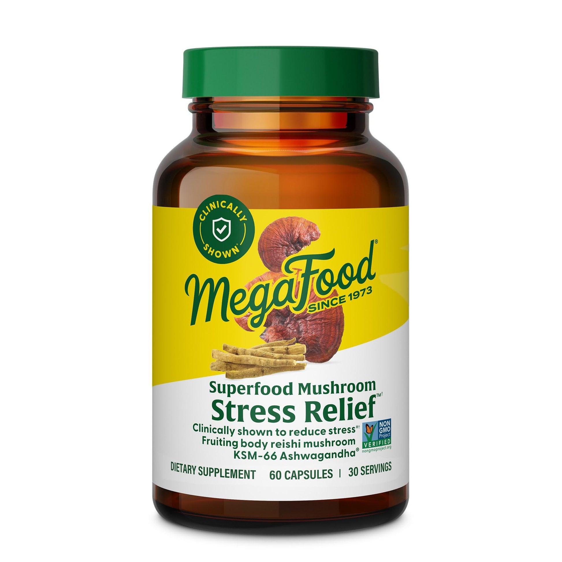 MegaFood Superfood Mushroom Stress Relief Reishi Mushroom Supplement Clinically Studied to Reduce Stress Doctor Formulated with Ashwagandha KSM 66 Vegan Gluten-Free Capsule 60 Capsules