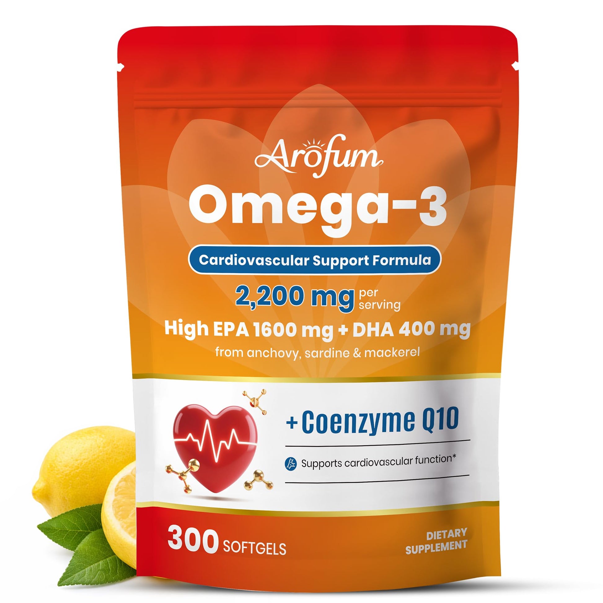 Arofum Omega 3 Fish Oil with CoQ10 Softgels, 300 Softgels