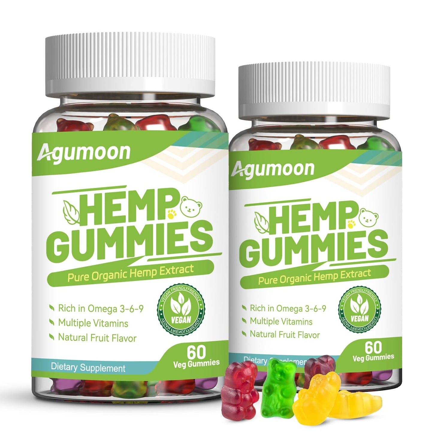 Agumoon Hemp Gummies 2 Packs High Potency Edible Relaxing Gummy with Natural Hemp Oil Extract - Vegan, Low Sugar, Non-GMO, Gummy, 120 Count