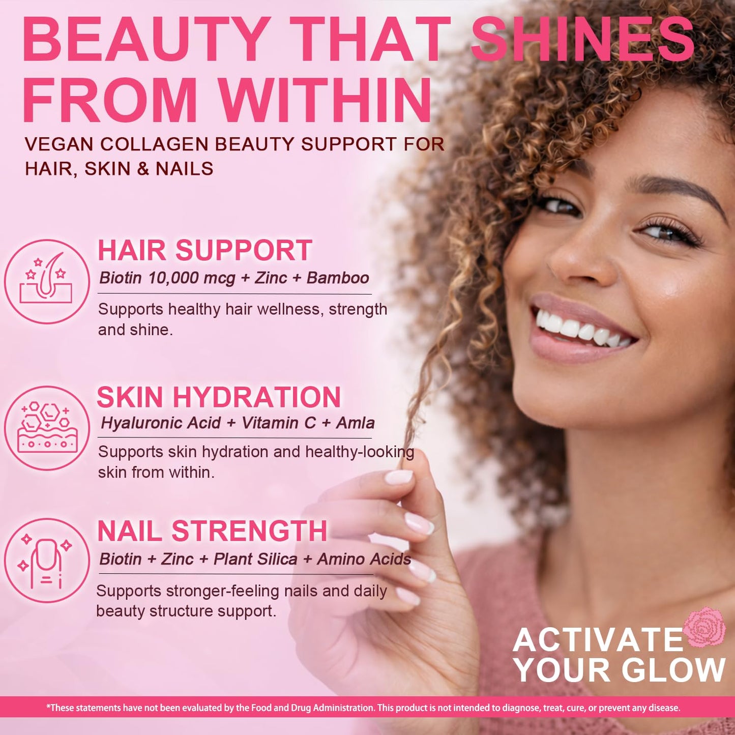 VEGEPOWER Vegan Collagen Booster with Biotin 10,000 mcg, Hyaluronic Acid, Bamboo Silica, Vitamin C & Zinc, Plant Based Hair Skin & Nails Support, 90 Capsules