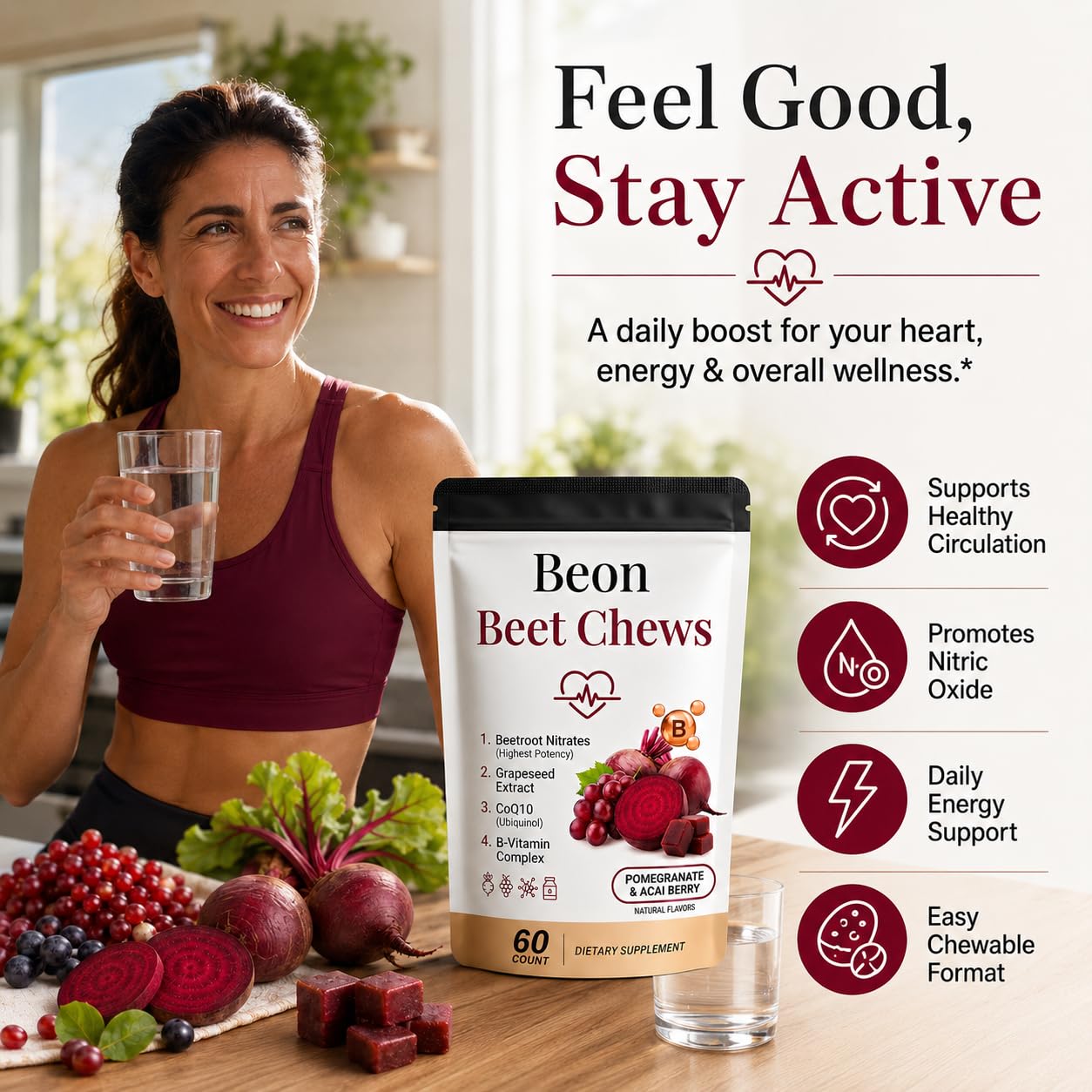puyode Beon Beet Chews Gummies with Grape Seed & L-CoQ10 for Calm Mood, Free Vegan, 60 Chews