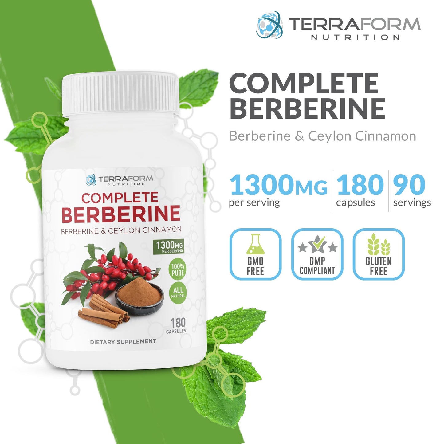 TerraForm Nutrition Berberine Supplement with Ceylon Cinnamon Berberine HCL 1200 mg + 100 mg Cinnamon Capsules, 180 Count