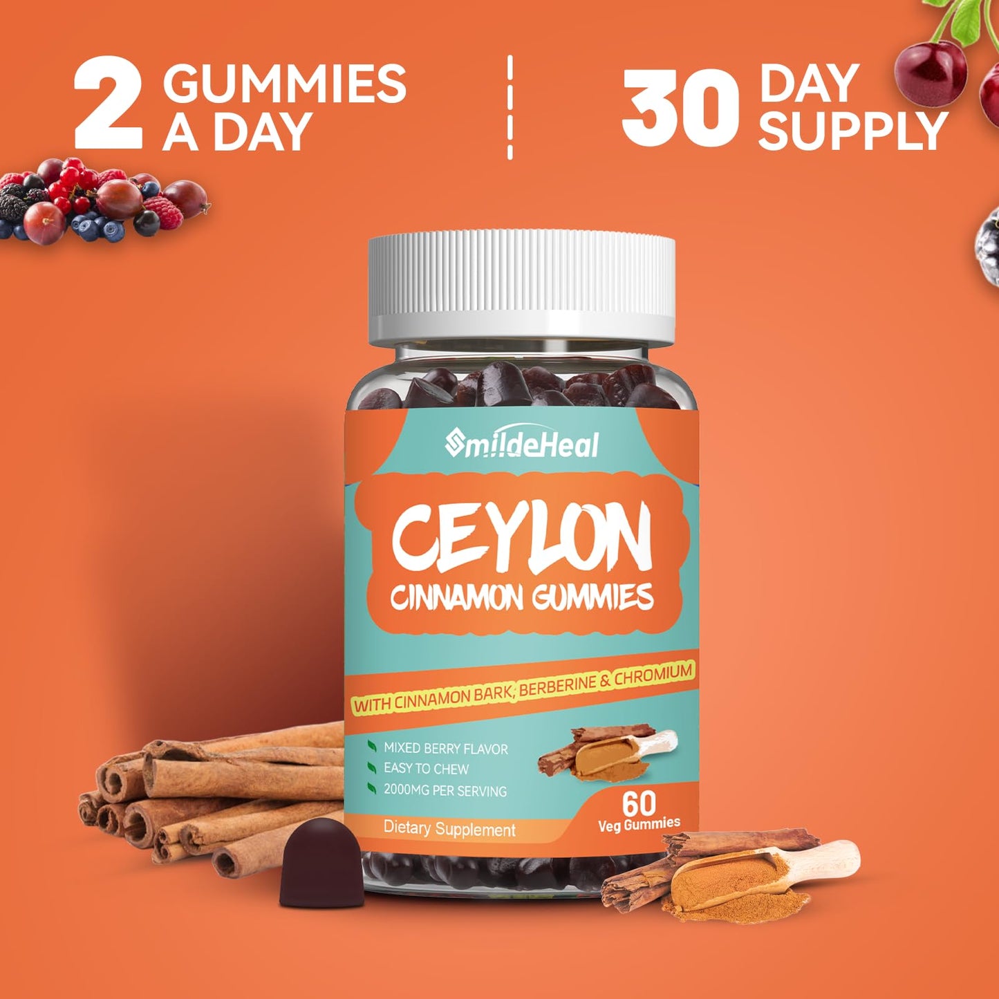 SmildeHeal Sugar Free Ceylon Cinnamon Gummies 2000MG Cinnamon Supplement with Chromium and Cinnamon Bark, Vegan, Non-GMO, Gluten Free, 60 Gummies