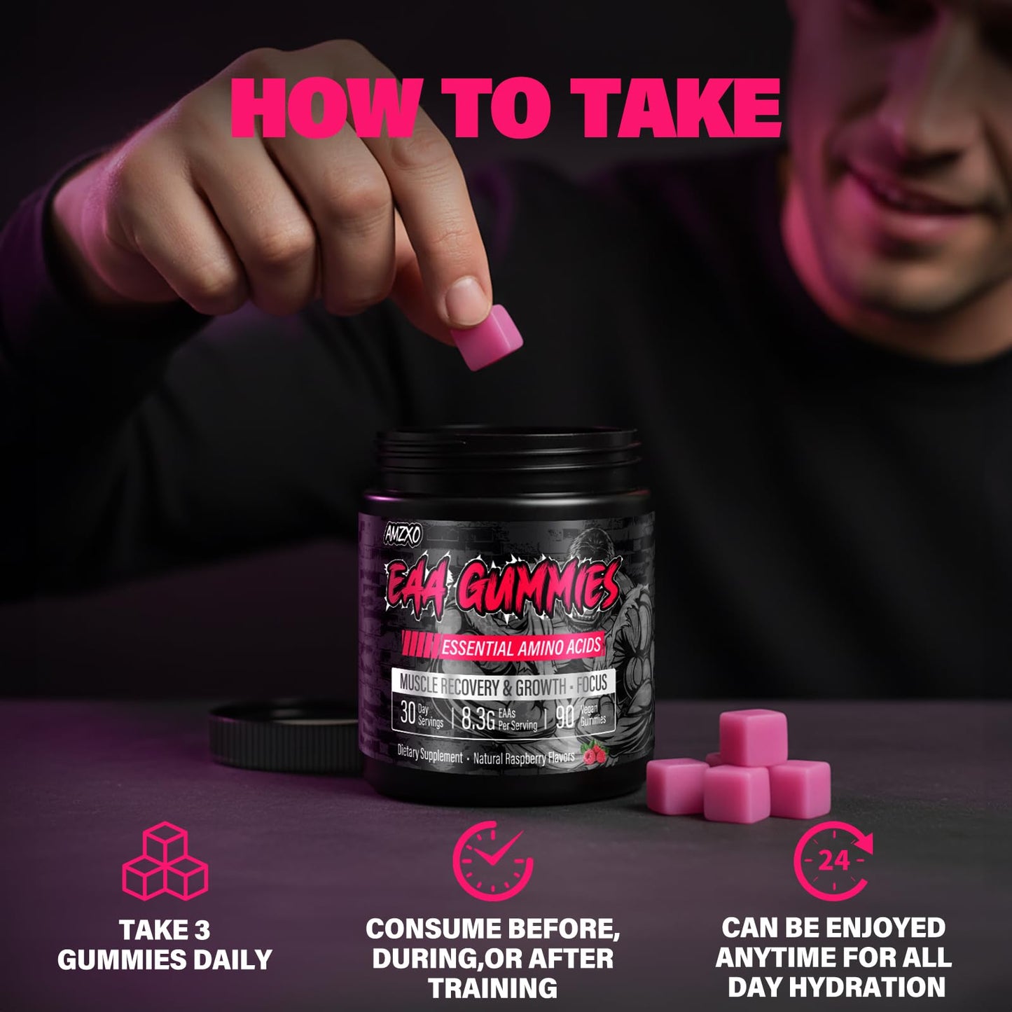 AMZXO EAA Gummies 2:1:1 BCAA Formula (8300mg) Raspberry Flavor Gummy, 90 Count