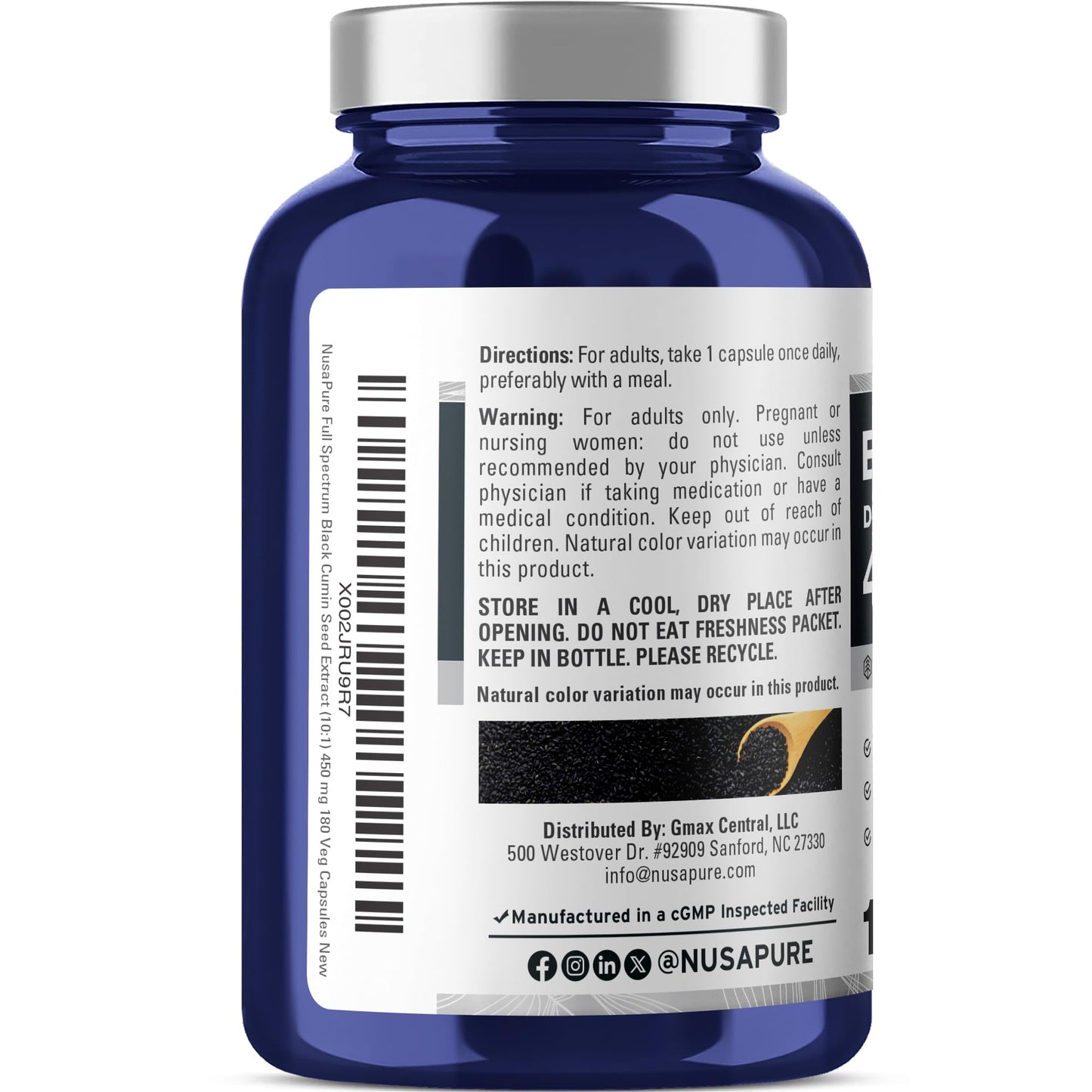 NusaPure Black Cumin Seed 450mg Veg Capsules, 180 Count