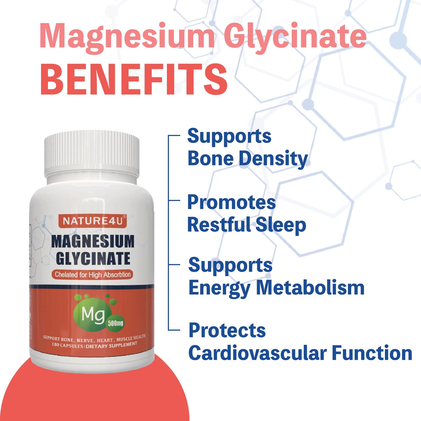 Nature4U Magnesium Glycinate 500mg, 100% Chelate for High Absorption Magnesium Supplement for Sleep, Muscle, Heart, Never and Bone Support, 180 Capsules