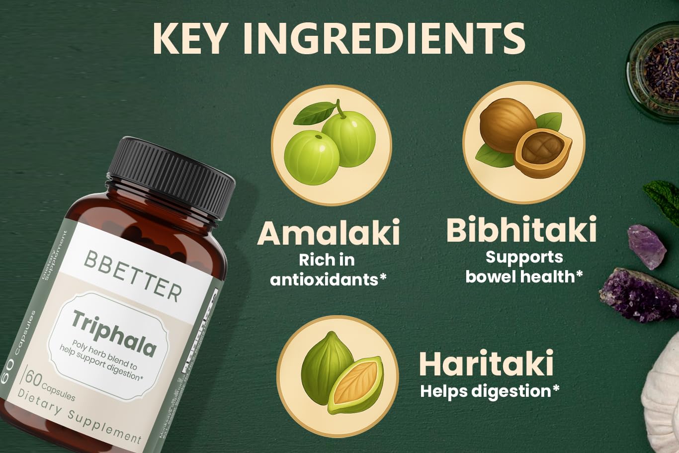 BBETTER Triphala Ayurvedic Herbal Supplement with Amla, Haritaki & Bibhitaki 180 Capsules
