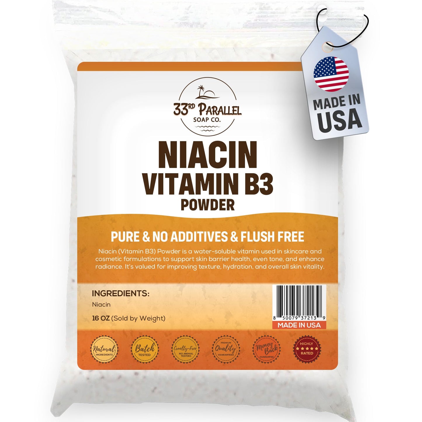 33RD PARALLEL SOAP CO. Niacin Vitamin B3 Powder, 16 Ounces