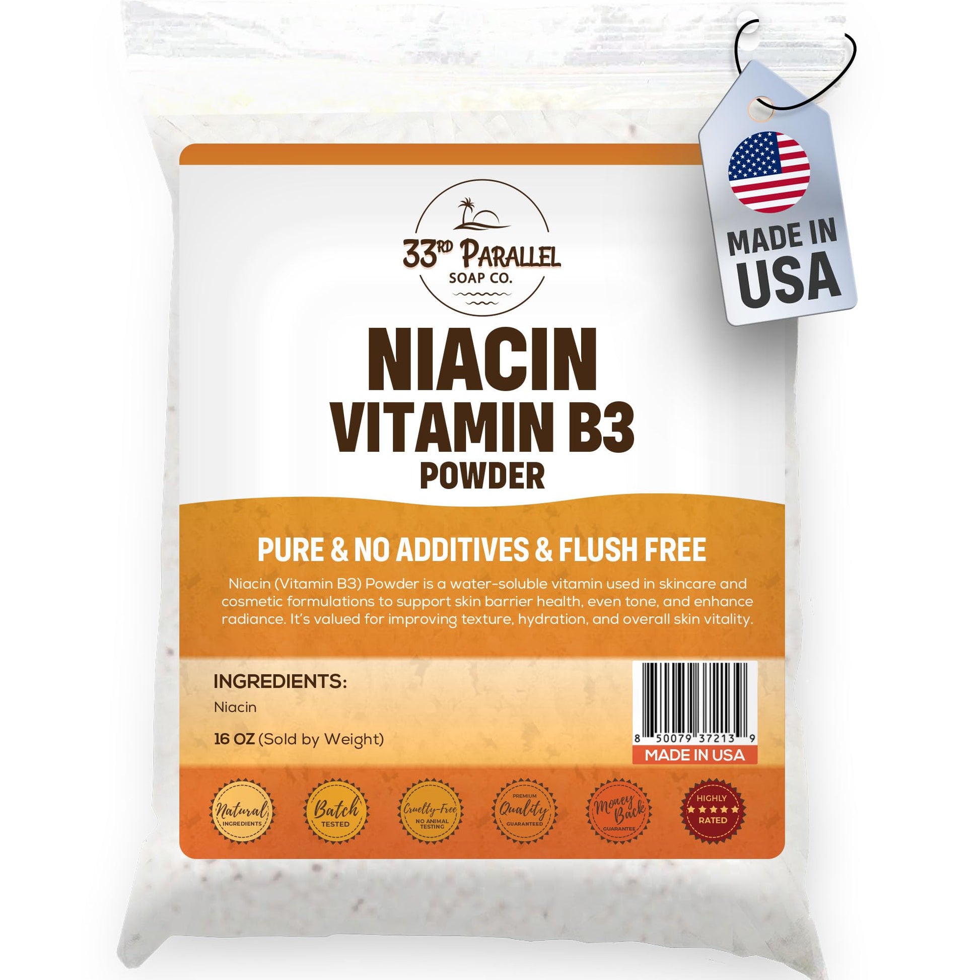 33RD PARALLEL SOAP CO. Niacin Vitamin B3 Powder, 16 Ounces