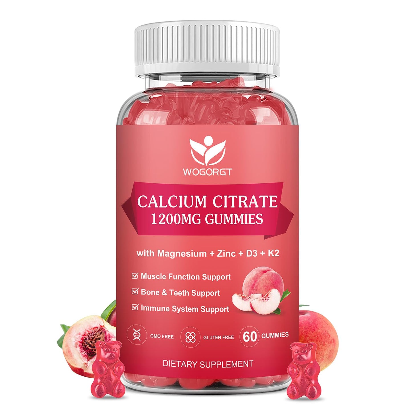 WOGORGT Calcium Citrate 1200mg Gummies with Vitamin D3 K2, Chewable Calcium Magnesium Zinc with Sea Moss Extract for Bone, Teeth, Immune Support, White Peach Flavor, 60 Gummies