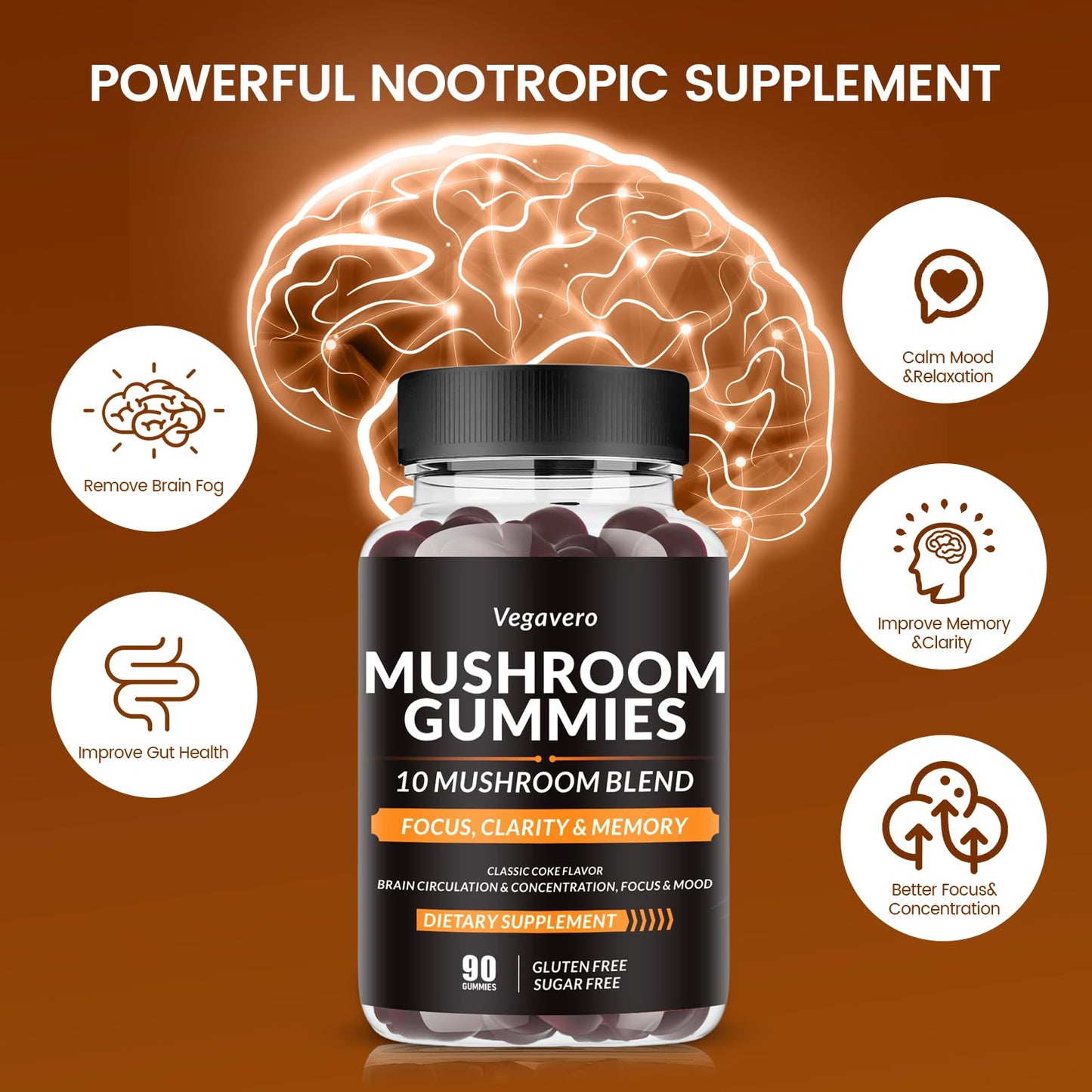 Vegavero Mushroom Gummies - 10x Mushroom Blend - Mushroom Complex - Mushroom Supplement 90 Count