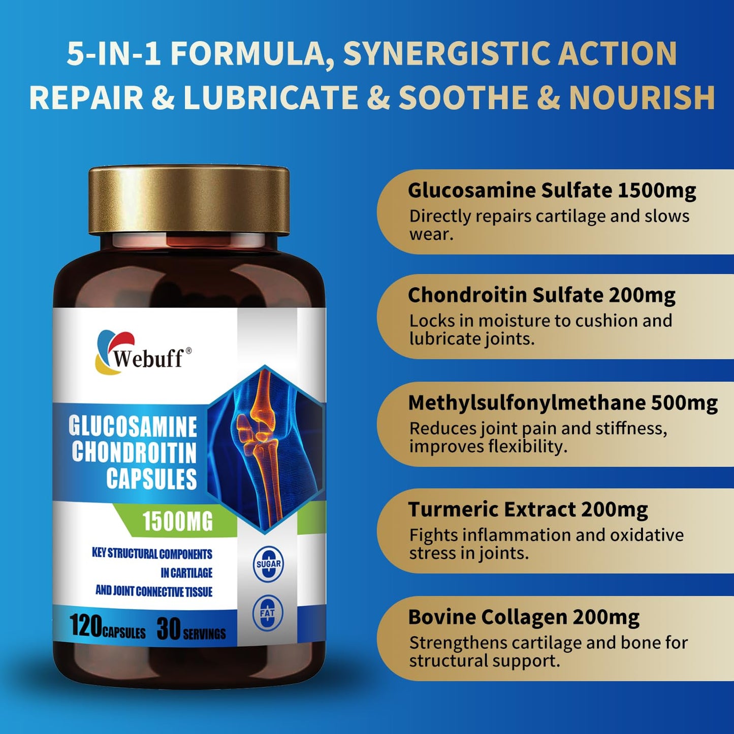 Webuff Glucosamine Chondroitin Turmeric Dietary Supplement Capsules 120 Count