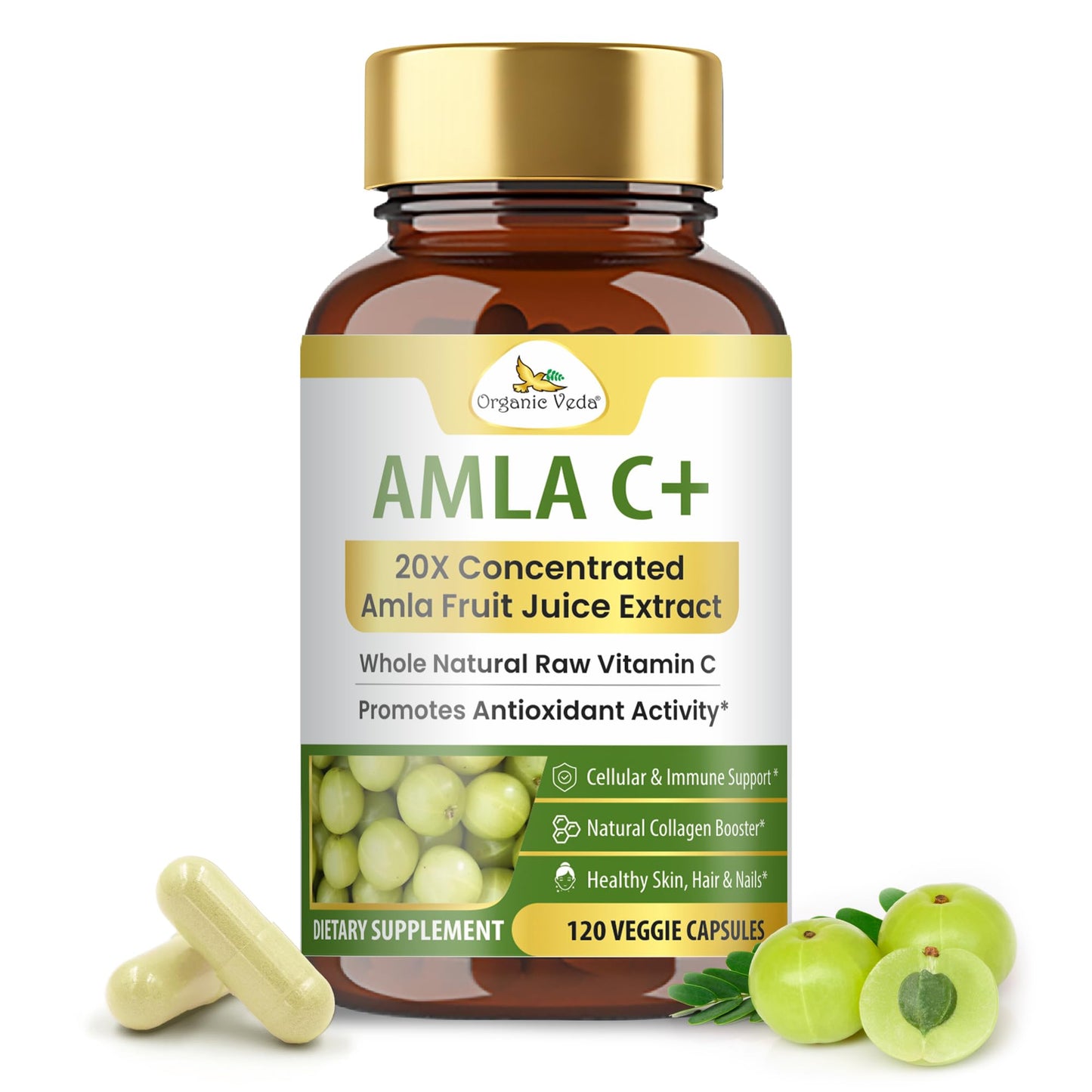 Organic Veda Amla + Capsules 20X Concentrated Amla Fruit Juice Extract Vitamin C Capsule, 120 Count