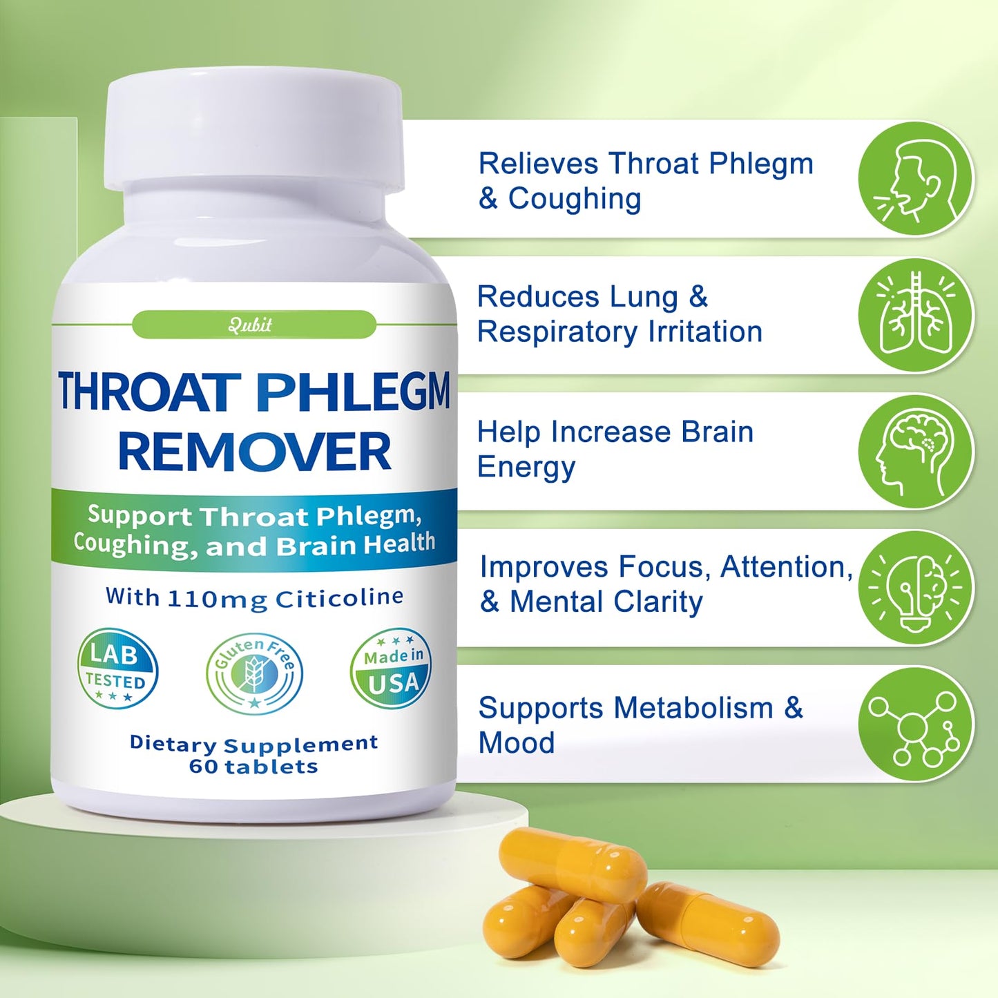 QUBIT Throat Phlegm Support Citicoline Supplement Capsules, 60 Capsules
