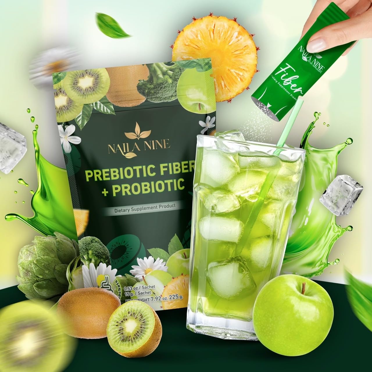 NAILA NINE Prebiotic Fiber Supplement Powder Apple and Kiwi Flavour, 15 Sachets