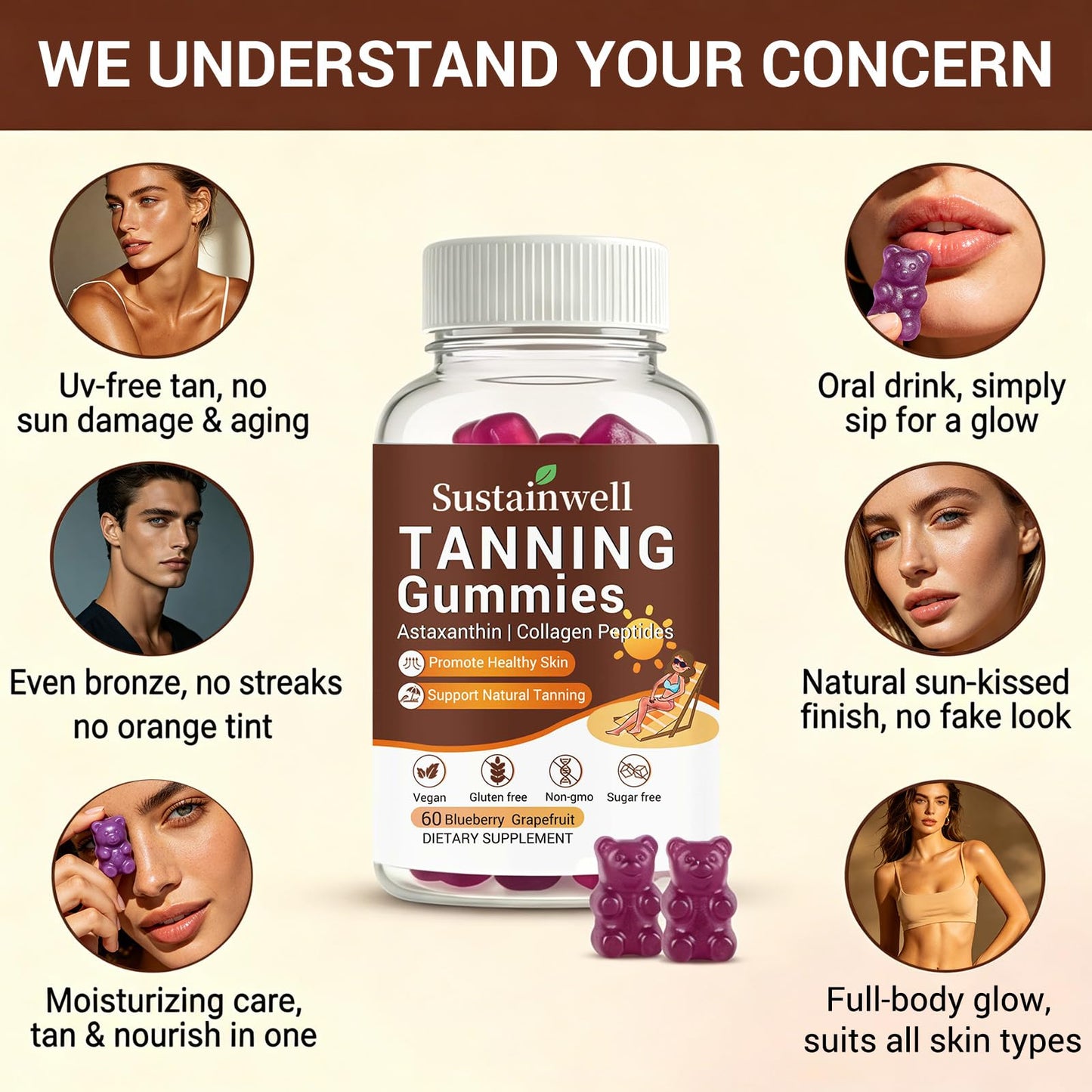 SustainWell Tanning Gummies with Astaxanthin & Collagen 60 Gummies