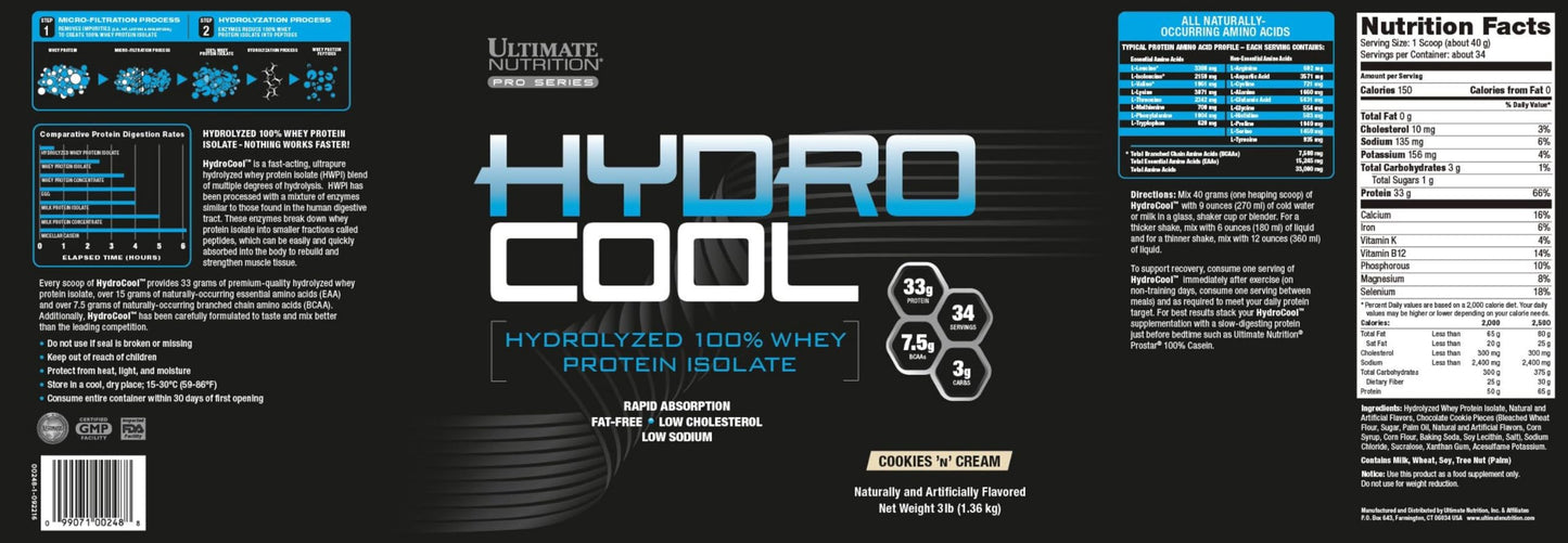Ultimate Nutrition HydroCool Hydrolyzed Whey Isolate Powder Cookies N Cream, 48 Servings