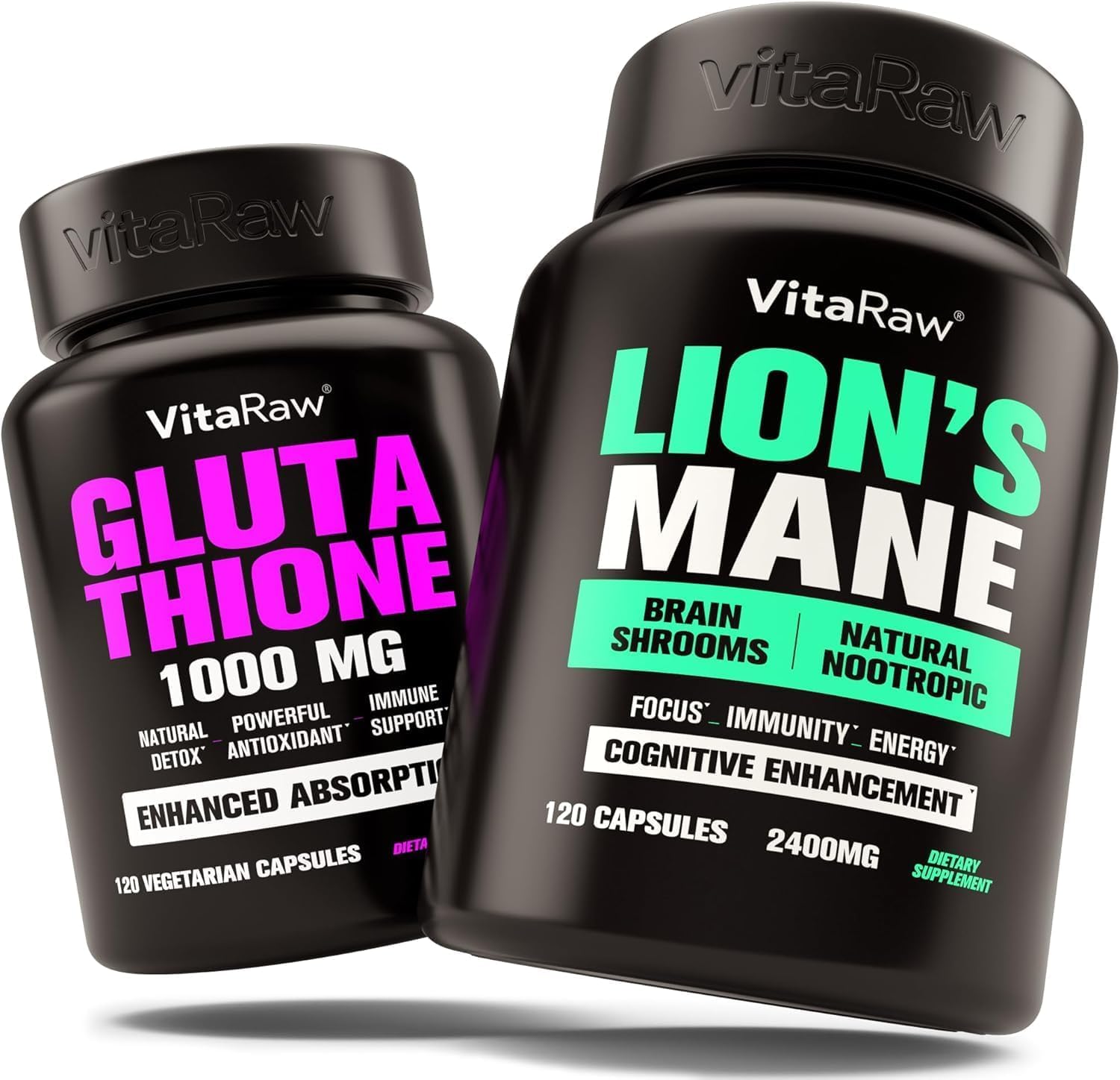 VitaRaw Glutathione for Immune Support + Organic Lions Mane Mushroom Capsules, 240 Capsules