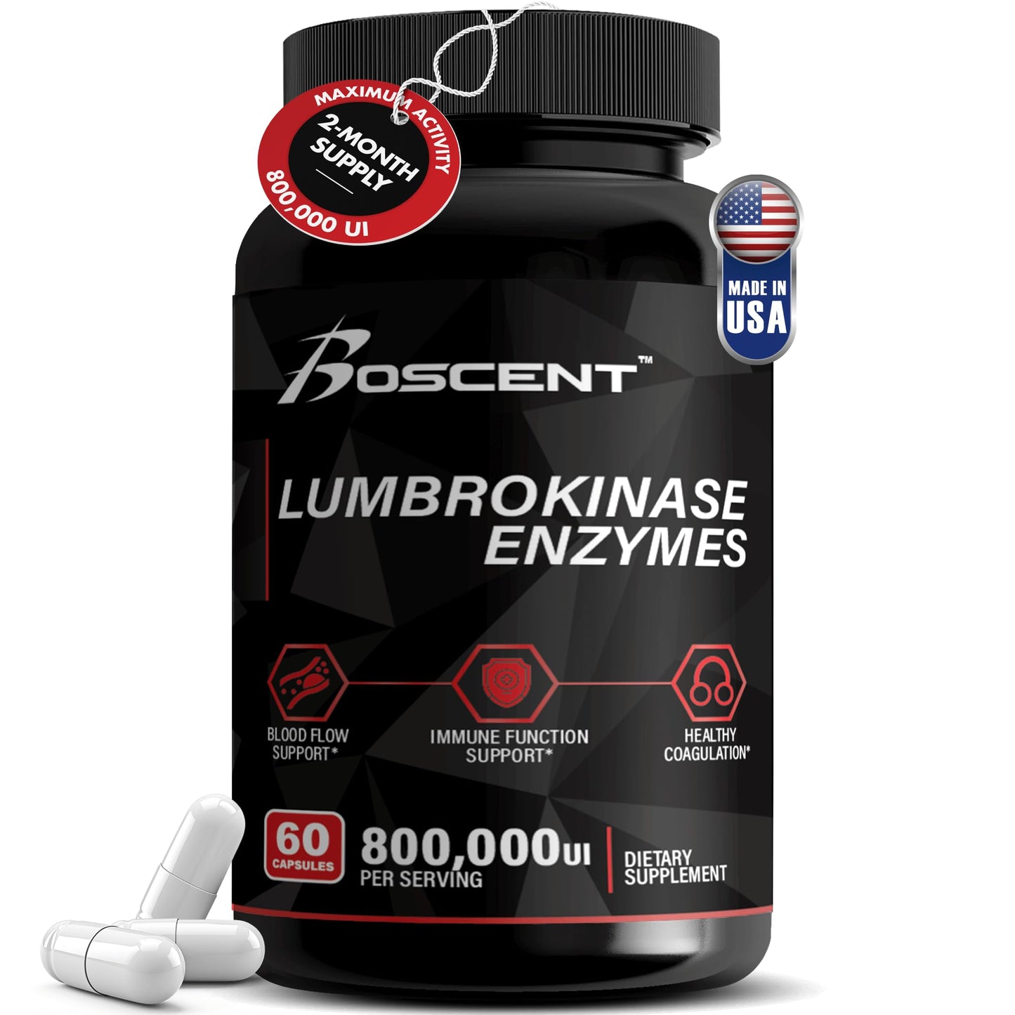 BOSCENT Lumbrokinase Supplement 40mg Capsule, 60 Capsules