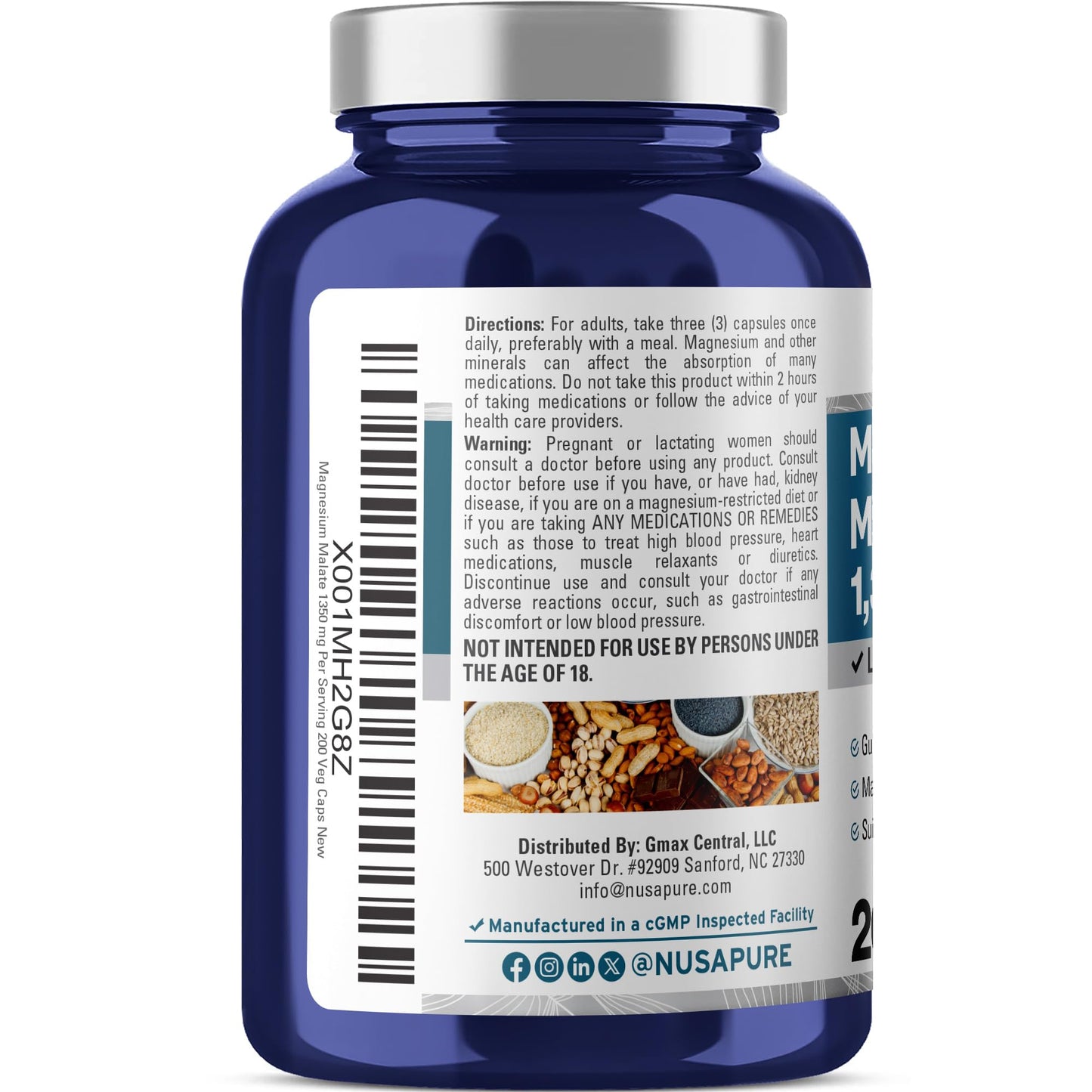 NusaPure Magnesium Malate, Non-GMO, Vegan, 1350mg, 200 Capsules