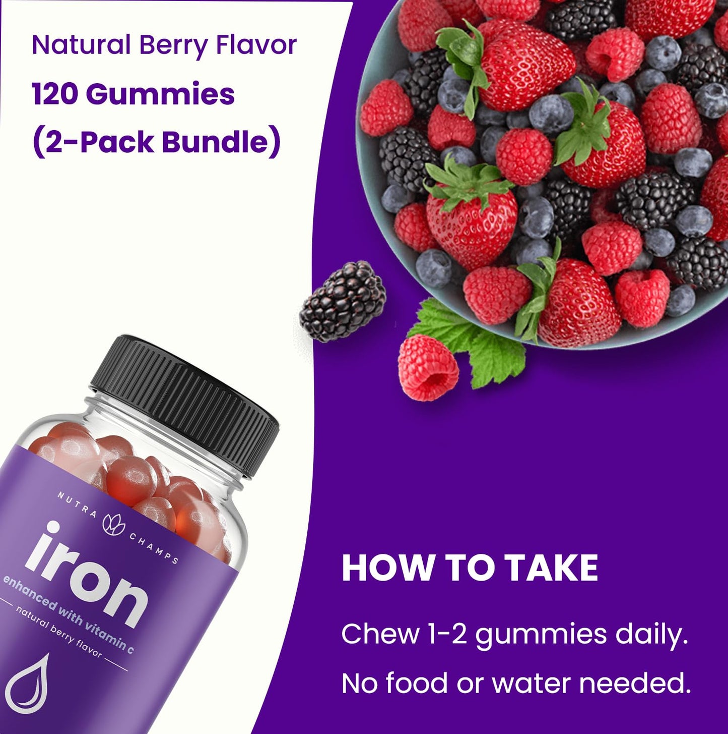 NutraChamps Iron Gummies with Vitamin C, 20mg Iron, 120 Gummies