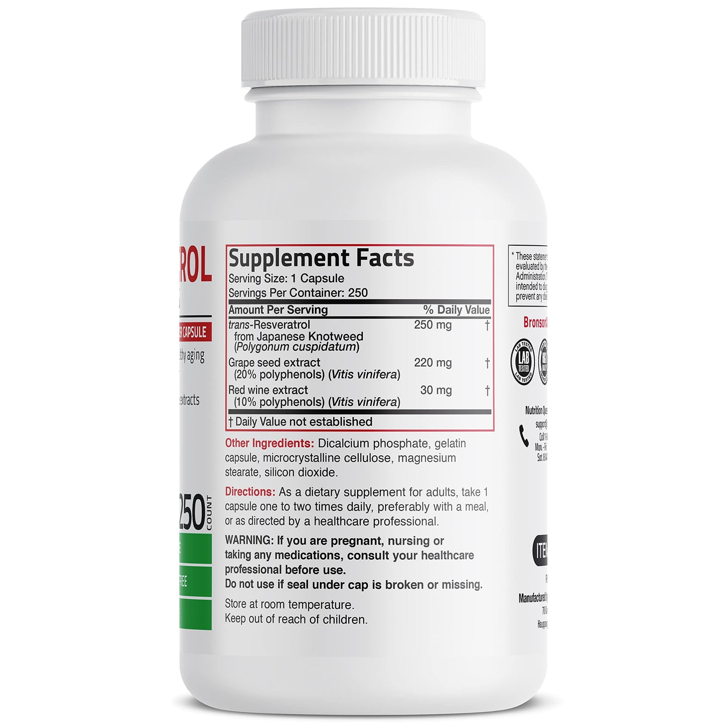 Bronson Resveratrol Complex 500 mg with Grape Seed & Red Wine, 250 Capsules