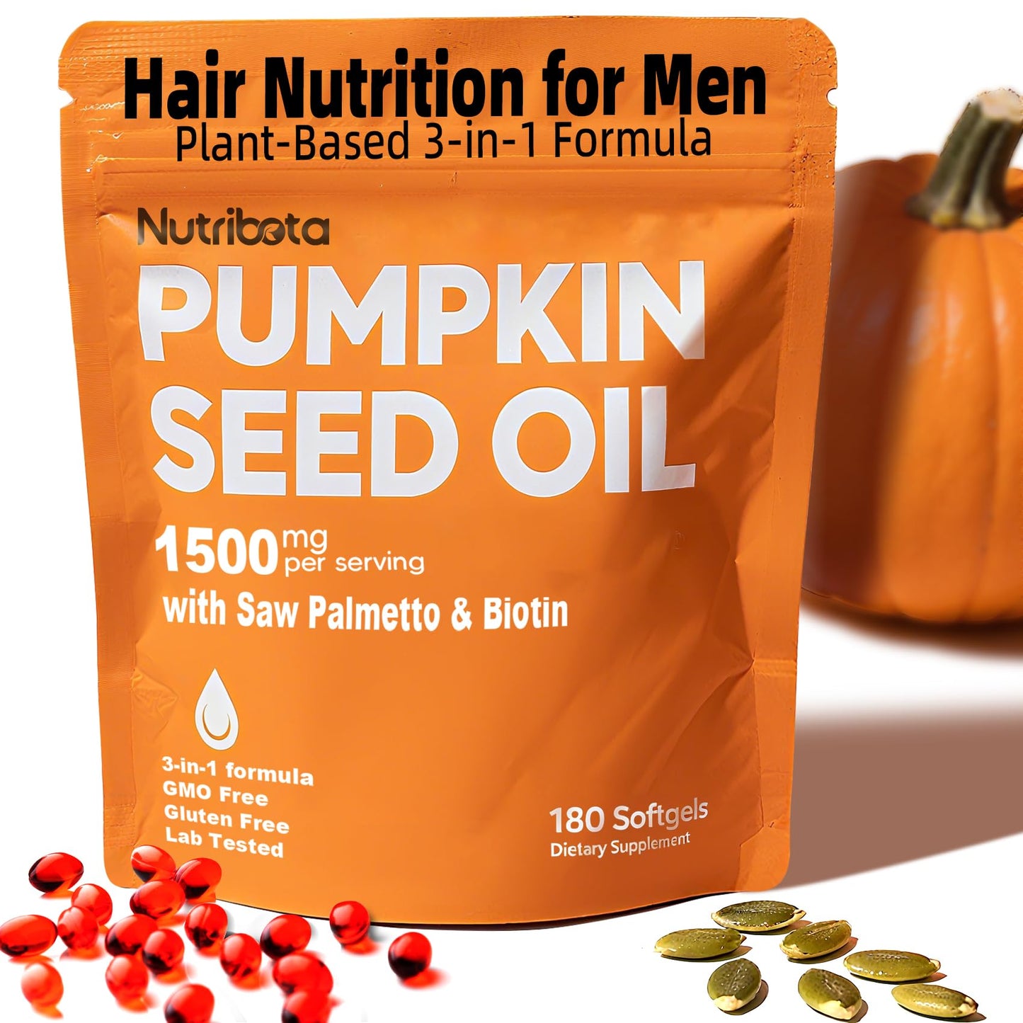 Nutribota Pumpkin Seed Oil Supplement 1500 mg per Serving with Saw Palmetto & Biotin, Advanced 3-in-1 Plant-Based Men's Wellness & Hair Nutrition Formula, Gummy 180 Count