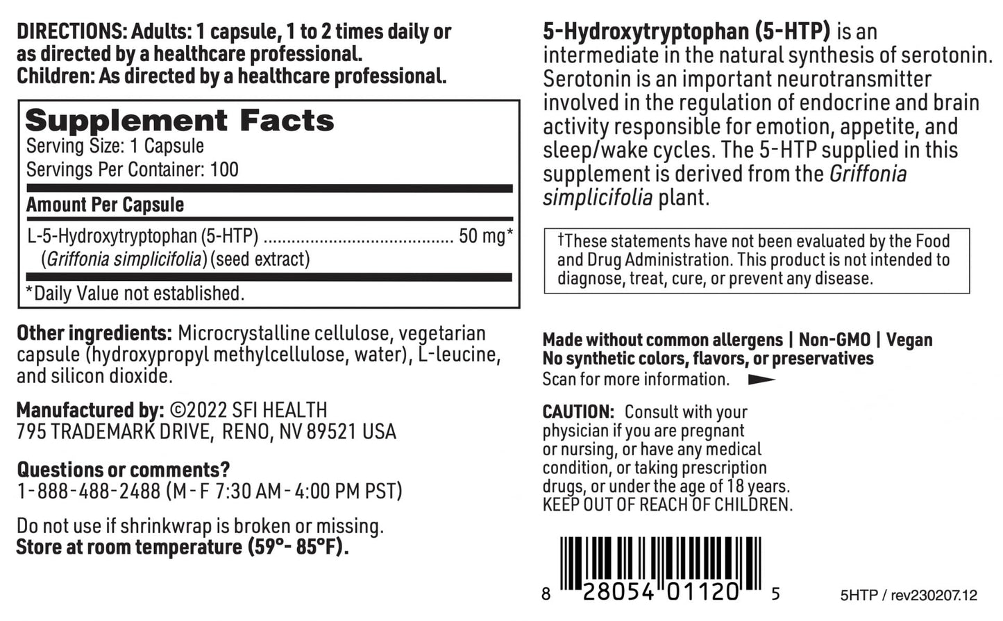 SFI Health 5-HTP 50 mg Capsule, 100 Count
