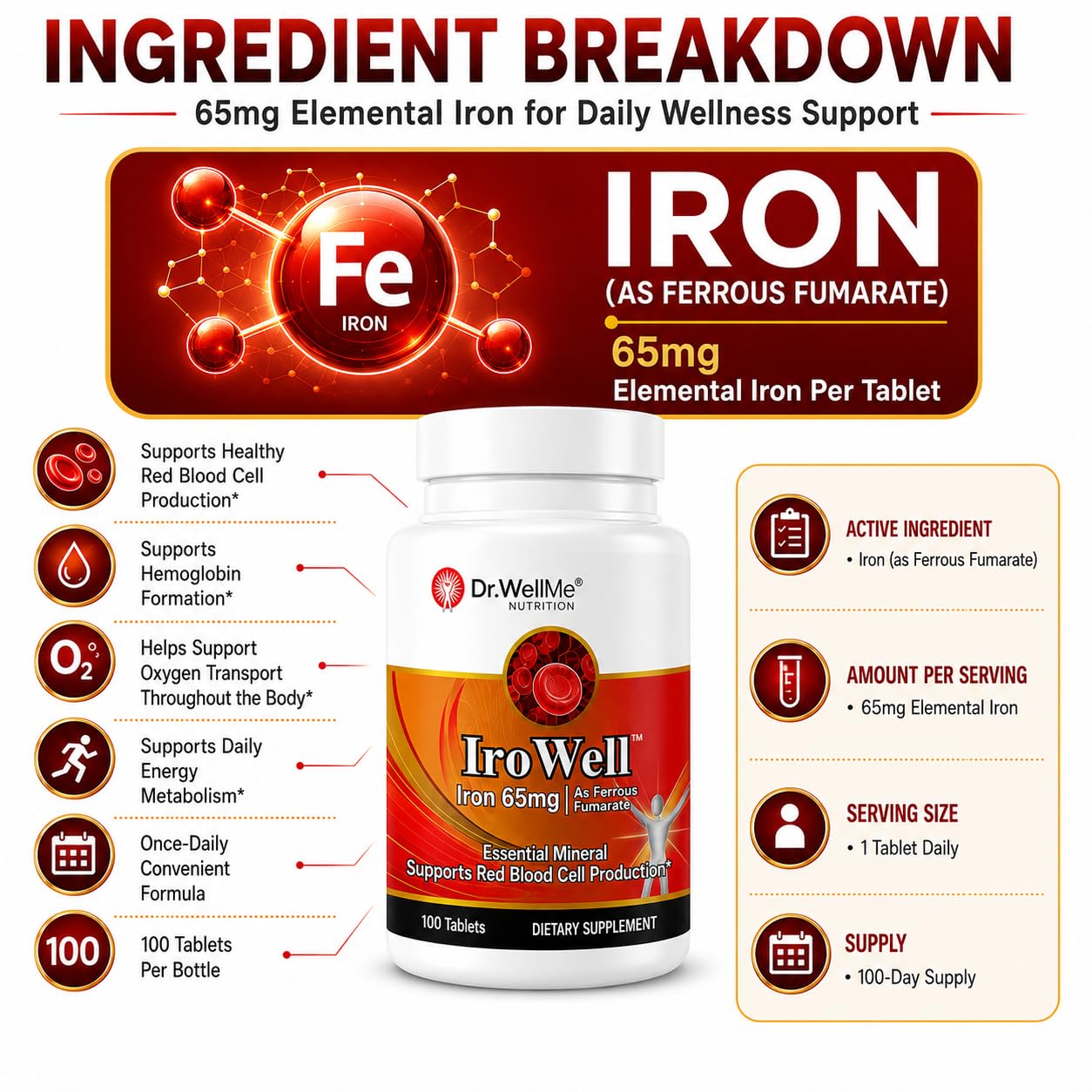 DR WELLME NUTRITION Irowell Iron Tablets 65mg, 100 Tablets