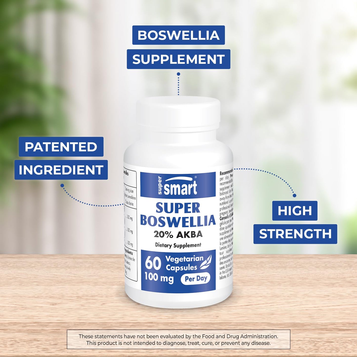 Supersmart Super Boswellia Extract 100mg per Day (Patented & High Strength) ApresFlex Boswellia Serrata Supplement 20% AKBA, Non-GMO & Gluten Free, 60 Vegetarian Capsules