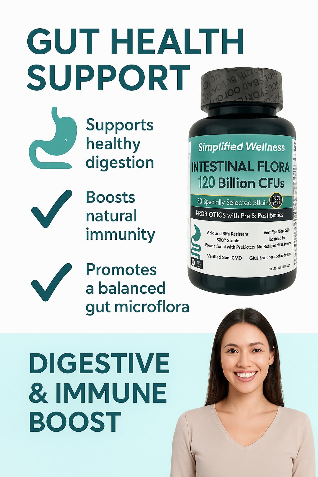 Simplified Wellness Intestinal Flora Probiotic with Pre & Postbiotics, 120 Billion CFUs, 180 Capsules