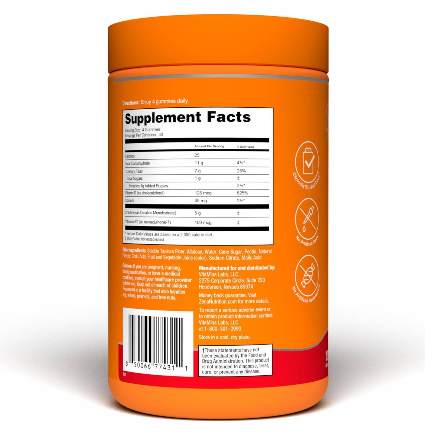 Zena Nutrition Creatine Gummies with D3 & K2, Creatine Monohydrate, 120 Gummies