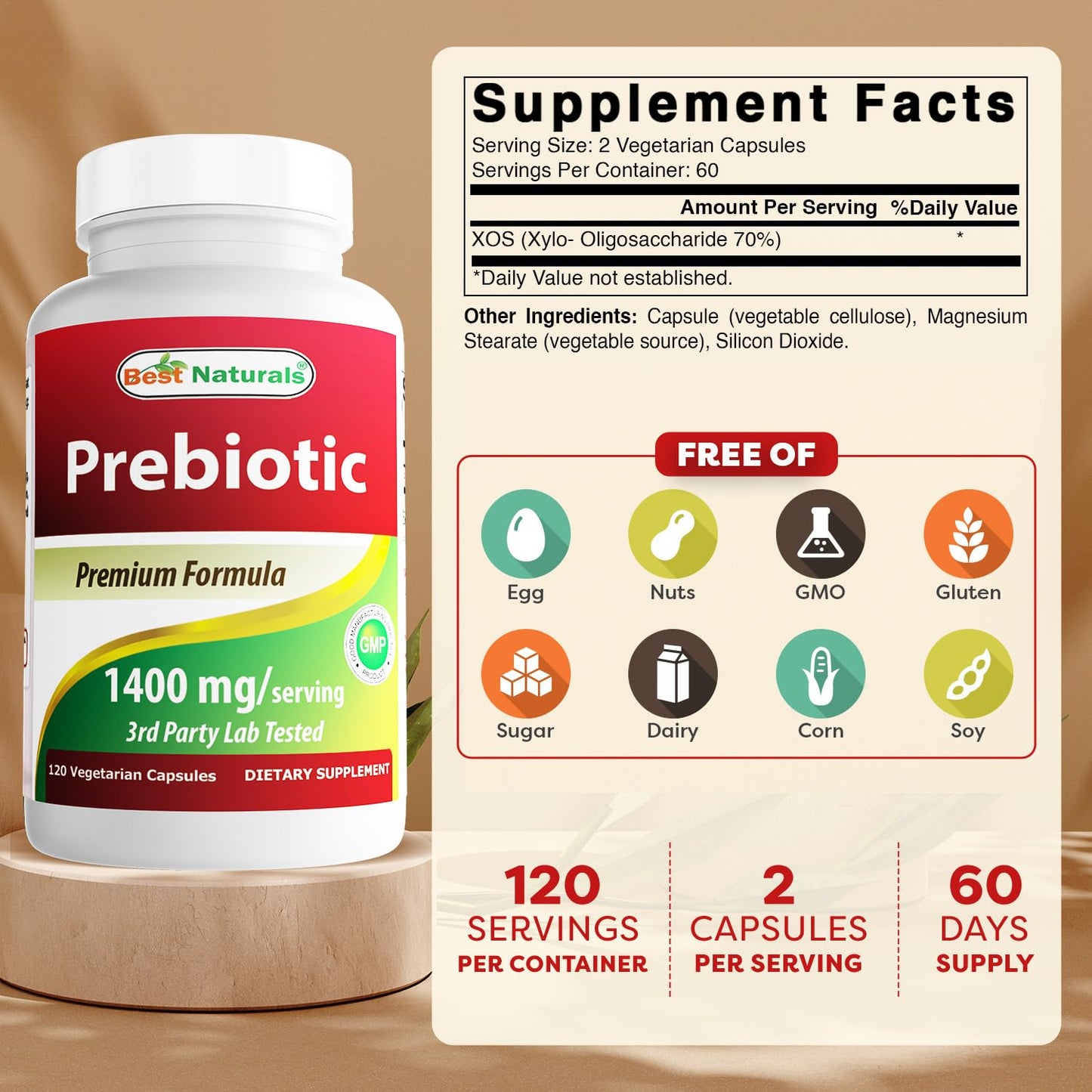 Best Naturals Prebiotics Fiber XOS (Xylo Oligosaccharide) 1400mg Serving Veg Capsules, 240 Count