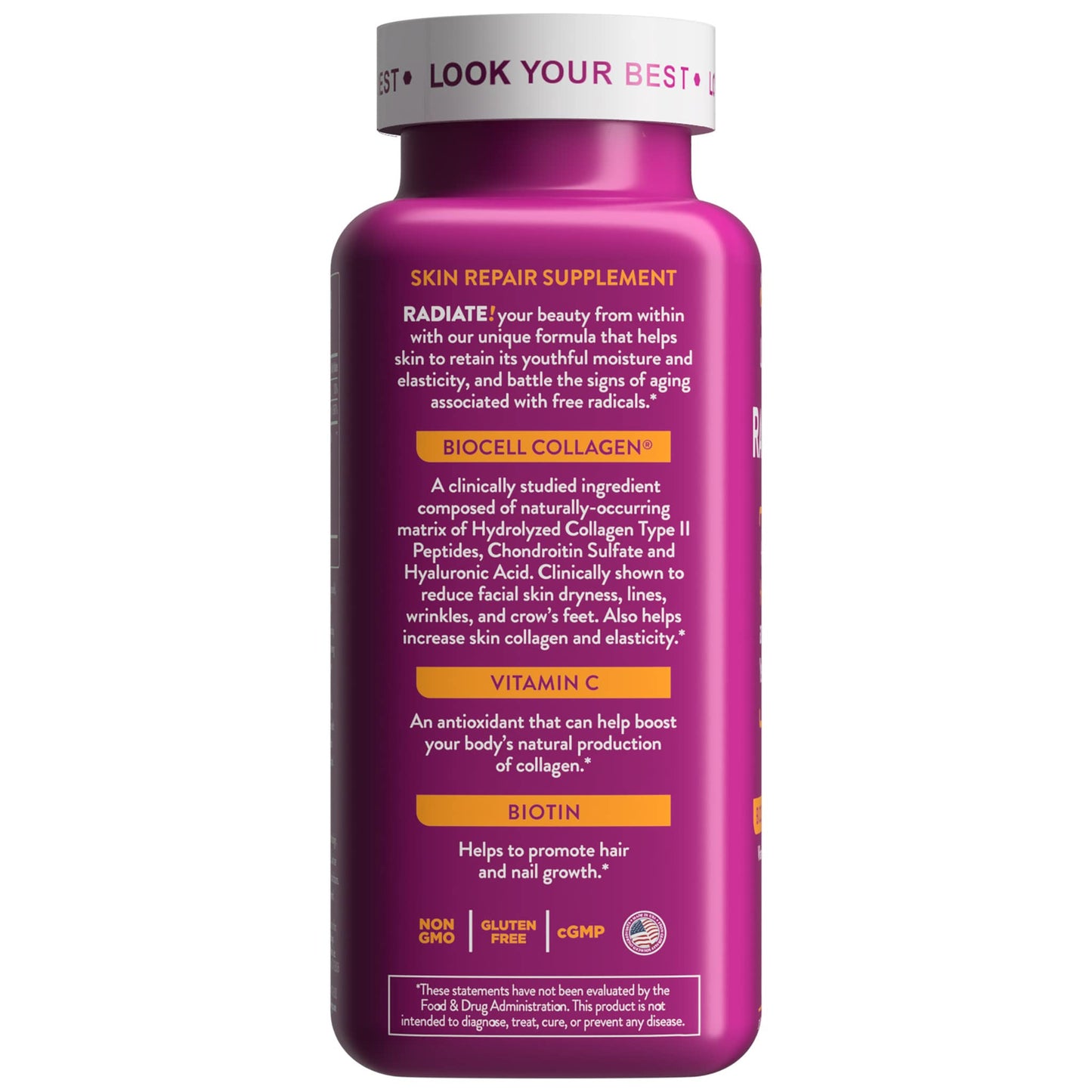 Health Logics Radiate Hair Skin & Nails with Biotin, BioCell Collagen, Vitamin C, Hyaluronic Acid Capsules, 60 Count