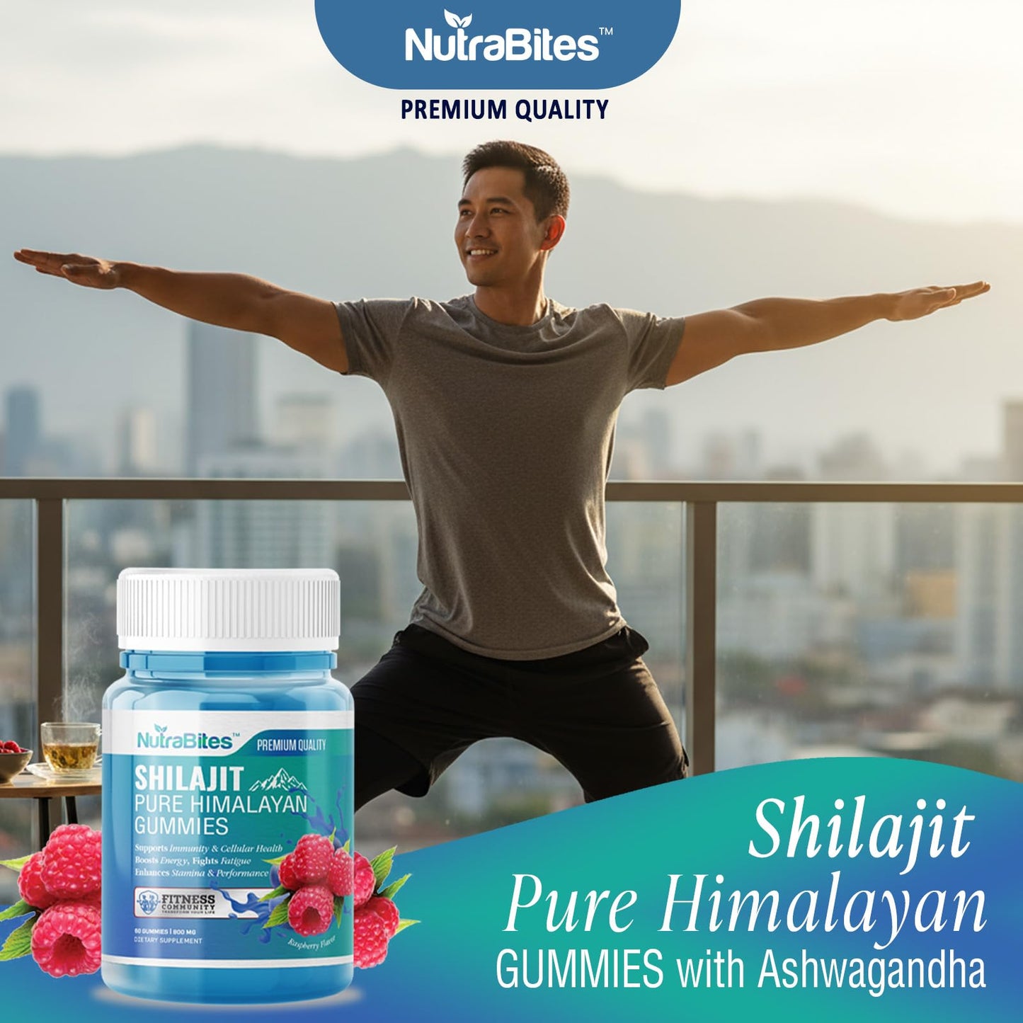 NutraBites Shilajit Gummies with Ashwagandha – Energy, Stamina & Performance Support, 800mg Shilajit, Fulvic Acid, Male Vitality, Vegan Raspberry Flavor, 60 Gummies