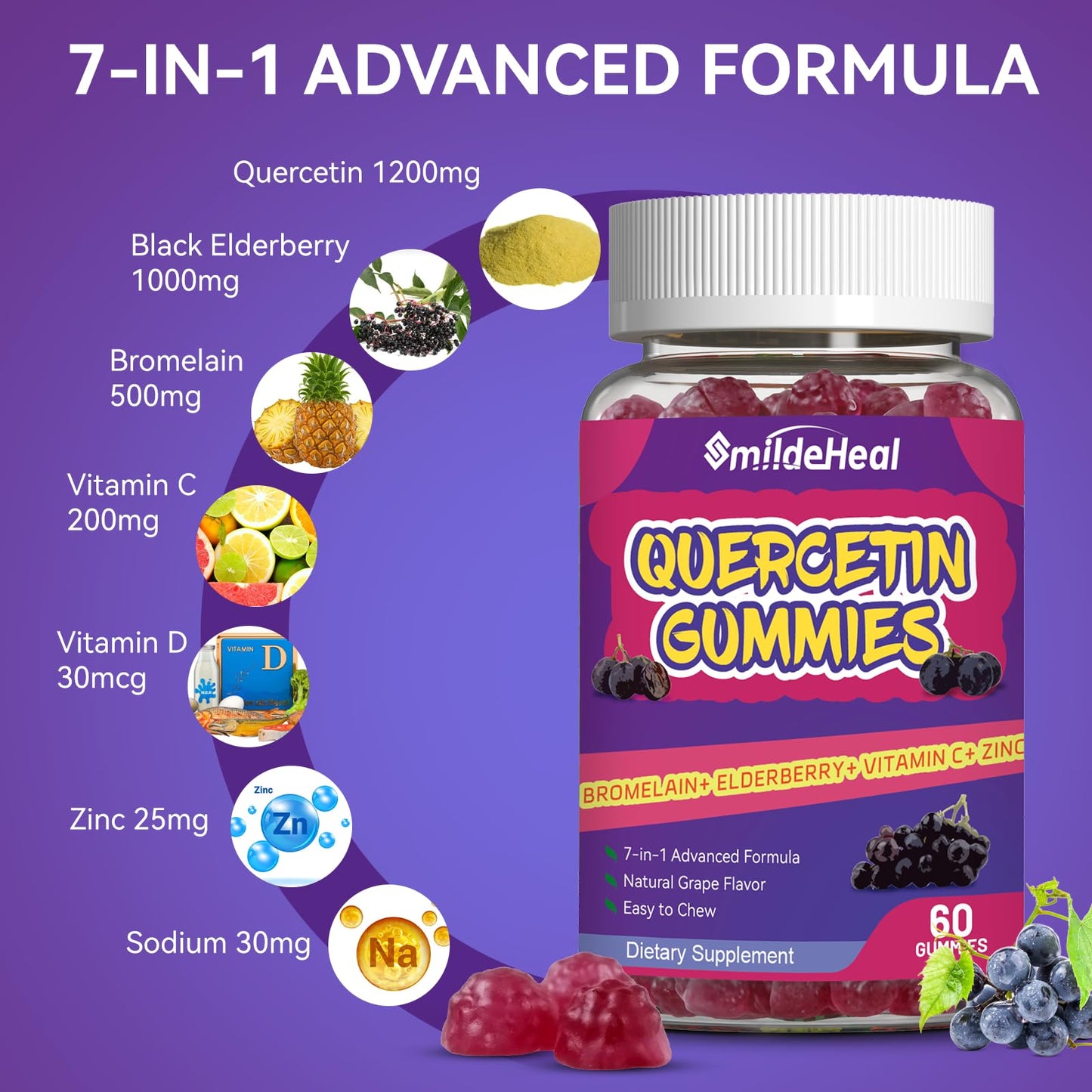 SmildeHeal Quercetin Gummies with Bromelain, Zinc & Vitamin C, Immune Support, 120 Gummies