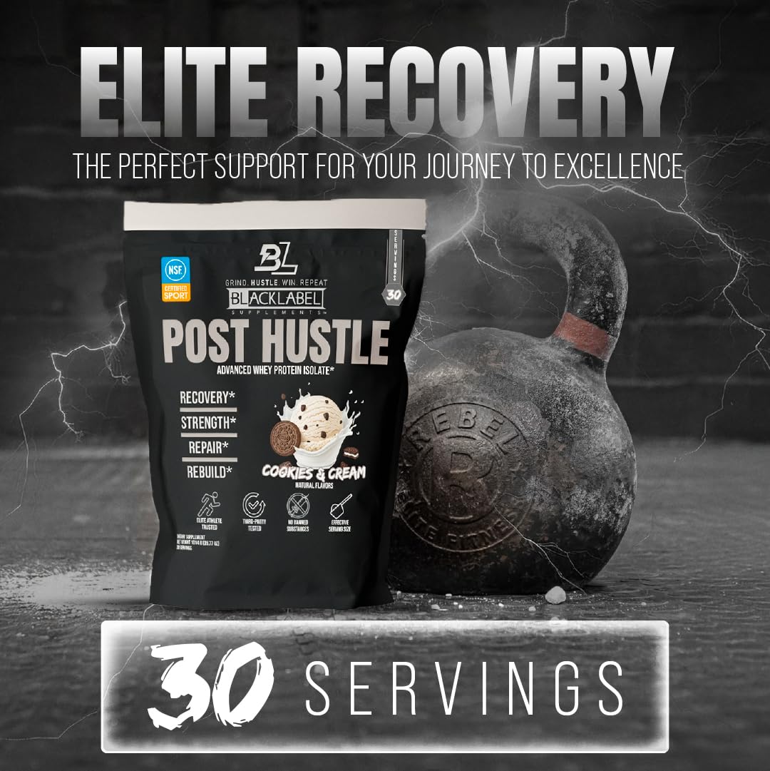 BLACKLABEL Supplements Post Hustle Post Workout Protein Powder – Whey Isolate with Digestive Enzymes, Cookies & Cream, 40 Servings