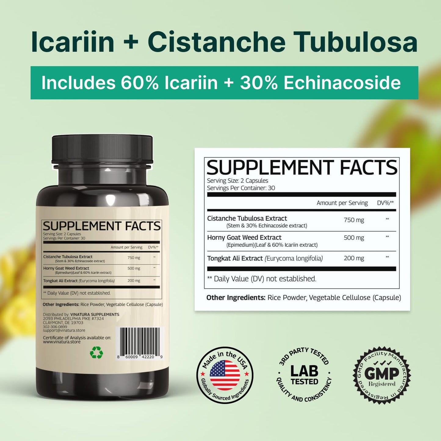 VINATURA Cistanche with Horny Goat Weed 60% Icariin - 1250mg per Serving Capsule, 60 Count