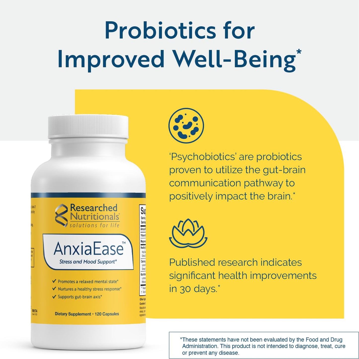 Researched Nutritionals AnxiaEase - Stress, Cortisol Management & Mood Support Supplement with Botanicals, Vitamin B6, Magnesium & Psychobiotic Probiotic Strains, 120 Capsules