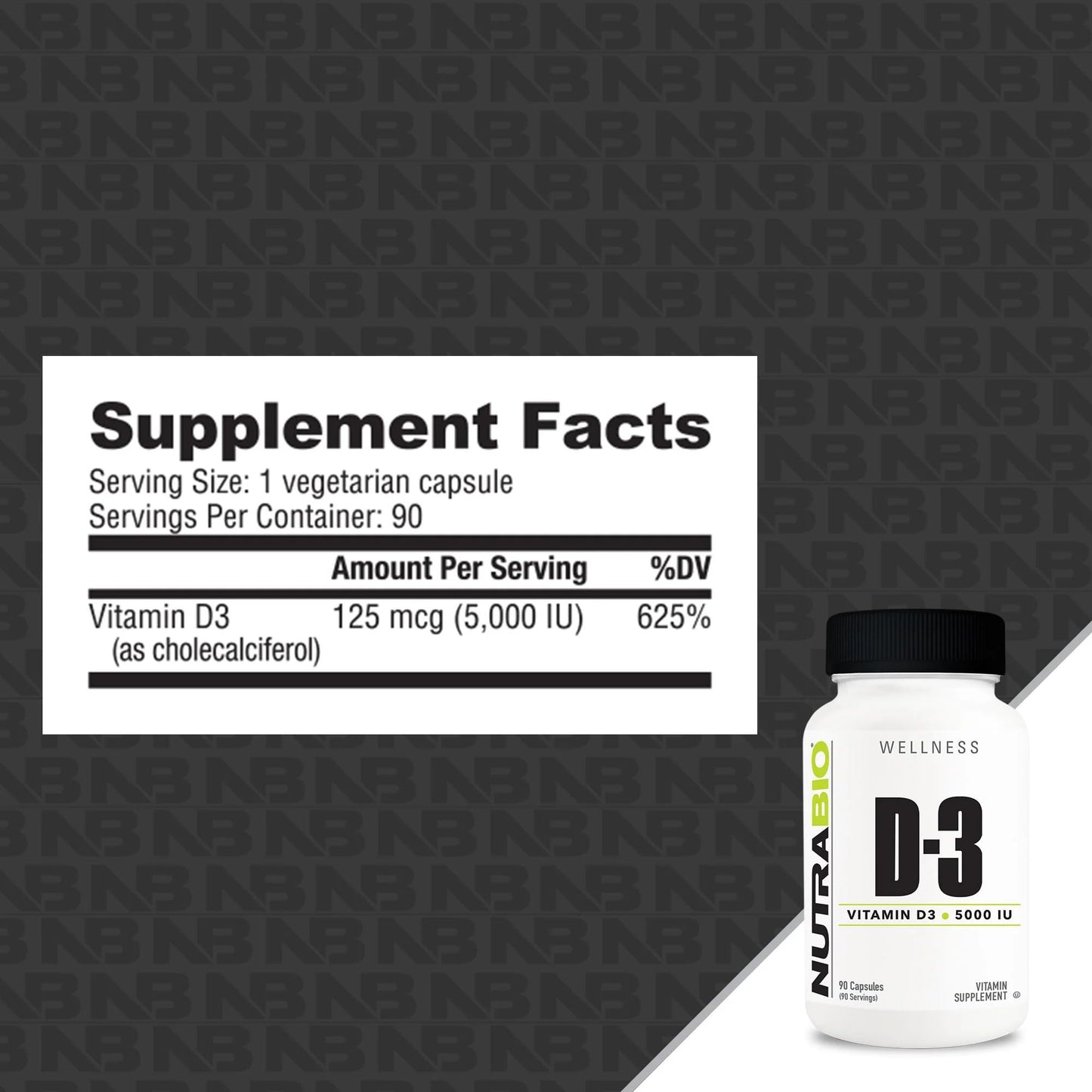 NutraBio Vitamin D 5000 IU Immune Support, 90 Vegetable Capsules
